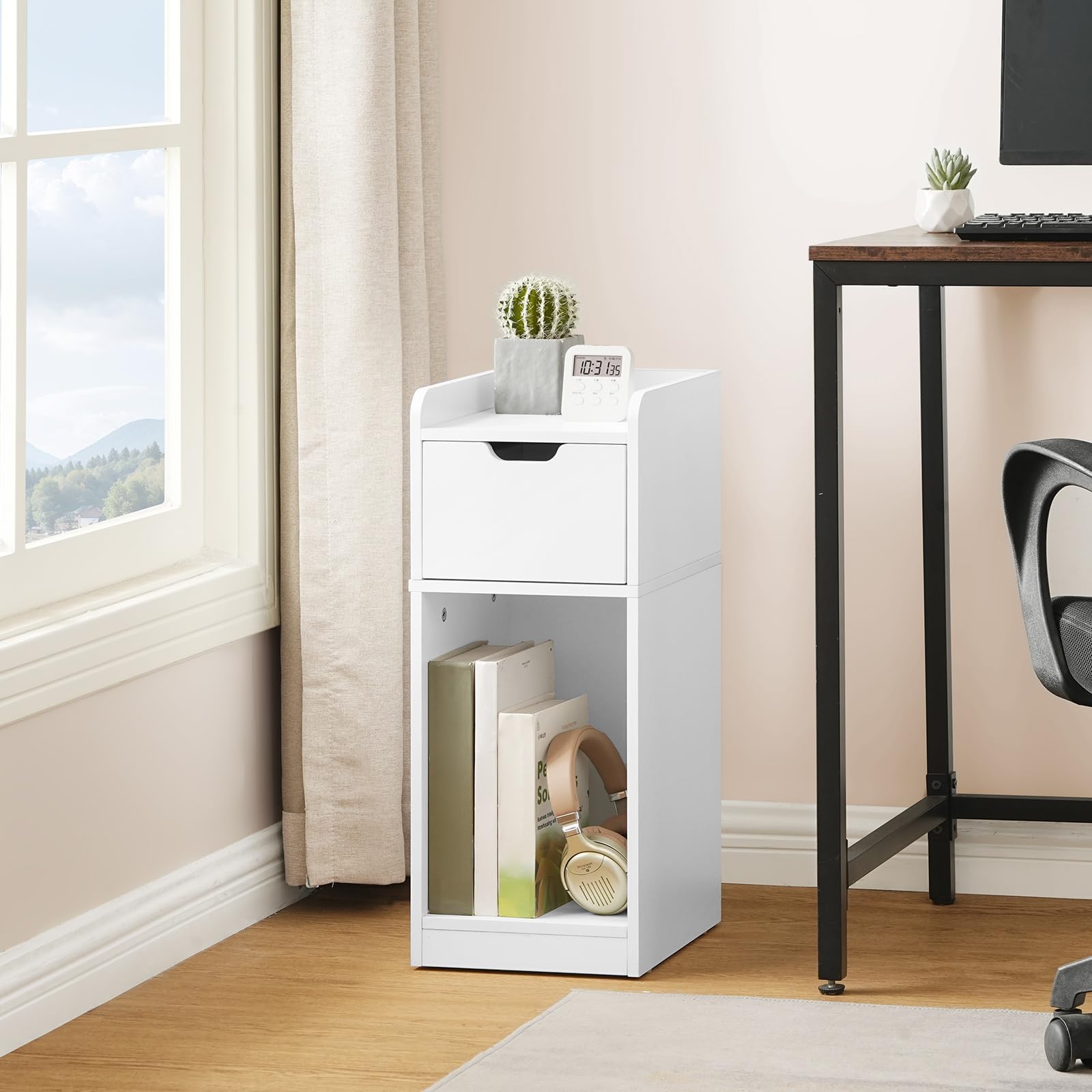 HOOBRO Tables de Chevet Étroites, Lot de 2, Petites Tables Basses avec Tiroir pour Chambre, Bouts de Canapé Ultra-Fins pour Salon, Tables d'Appoint Moderne en Bois, Petits Espaces, Blanc EWT325BZP201