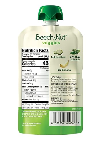 Miniatura 3 de Beech-Nut Veggies Stage 2 - Alimento para bebés, calabacín, espinacas y plátano, bolsa de 3.5 onzas