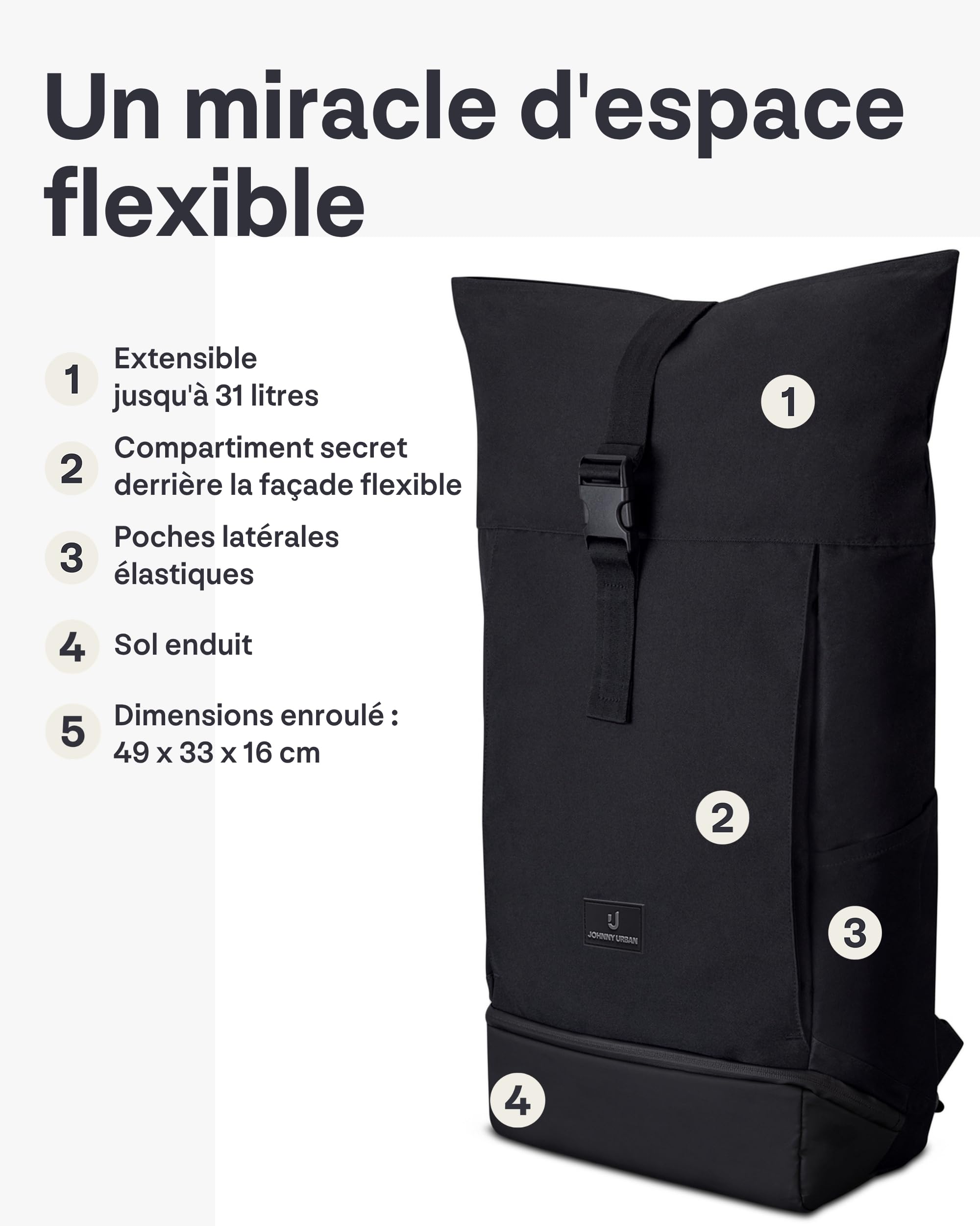 Johnny Urban Sac à Dos Femme & Homme Noir - Allen XL - Grand Sac Roll Top pour Travail & Voyage - Spacieux Backpack pour Ordinateur Portable - Imperméable