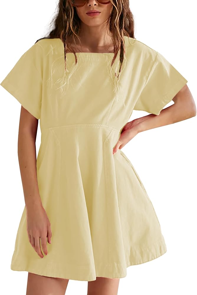 Ziqoty Women's A-Line Short Sleeve Summer Casual Mini Dress Button Back Square Neck Oversized Dresses(Yellow-L) at Amazon Women's Clothing store