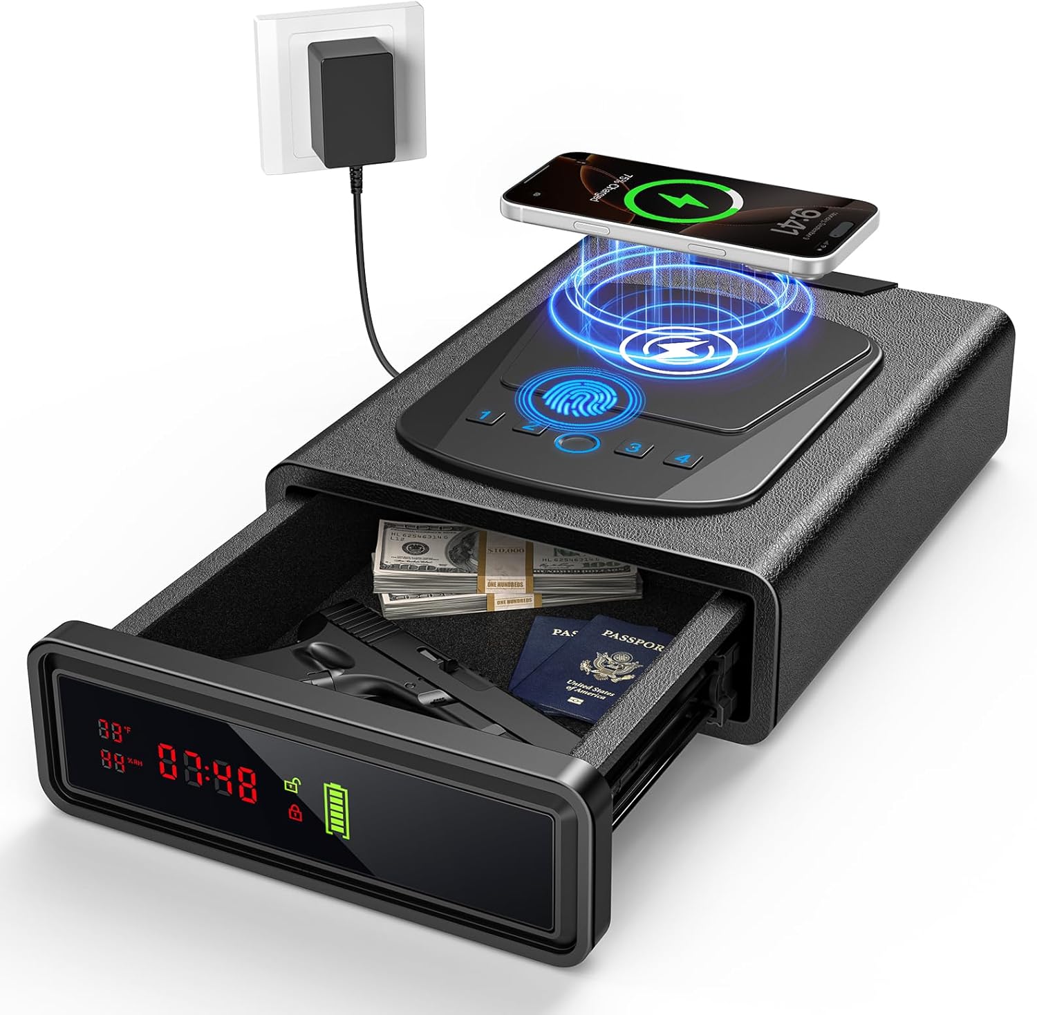 CVLIFE Biometric Gun Safe, Fingerprint Gun Safe with Watch & Phone Wireless Charging, 3-in-1 Alarm Clock Safe, Adjustable LED Light for Home Nightstand Bedside