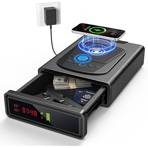 CVLIFE Biometric Gun Safe, Fingerprint Gun Safe with Watch & Phone Wireless Charging, 3-in-1 Alarm Clock Safe, Adjustable LED Light for Home Nightstand Bedside