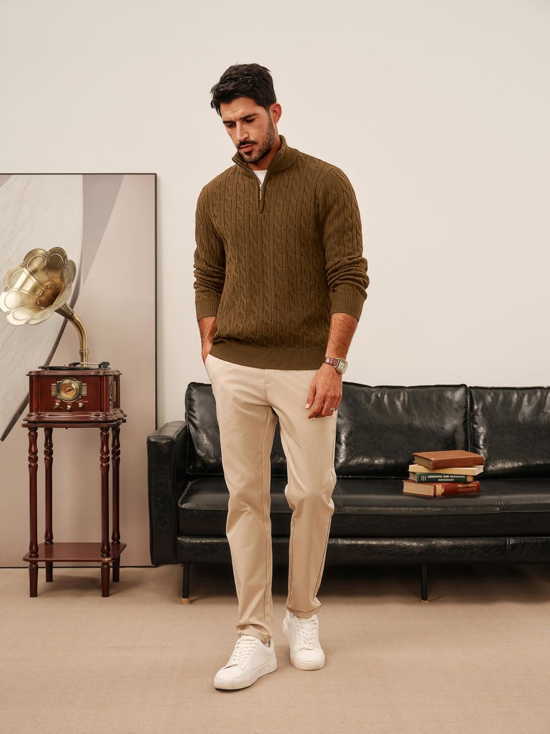 PJ PAUL JONES Mens Quarter Zip Sweater Cable Knitted Pullover Sweaters Textured Solid Colors Sweater - Image 3