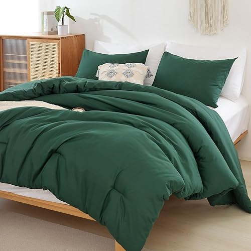 Miniatura 5 de ROSGONIA Edredón verde esmeralda tamaño matrimonial para niñas, niños y adolescentes (1 edredón verde bosque oscuro y 2 fundas de almohada), juego