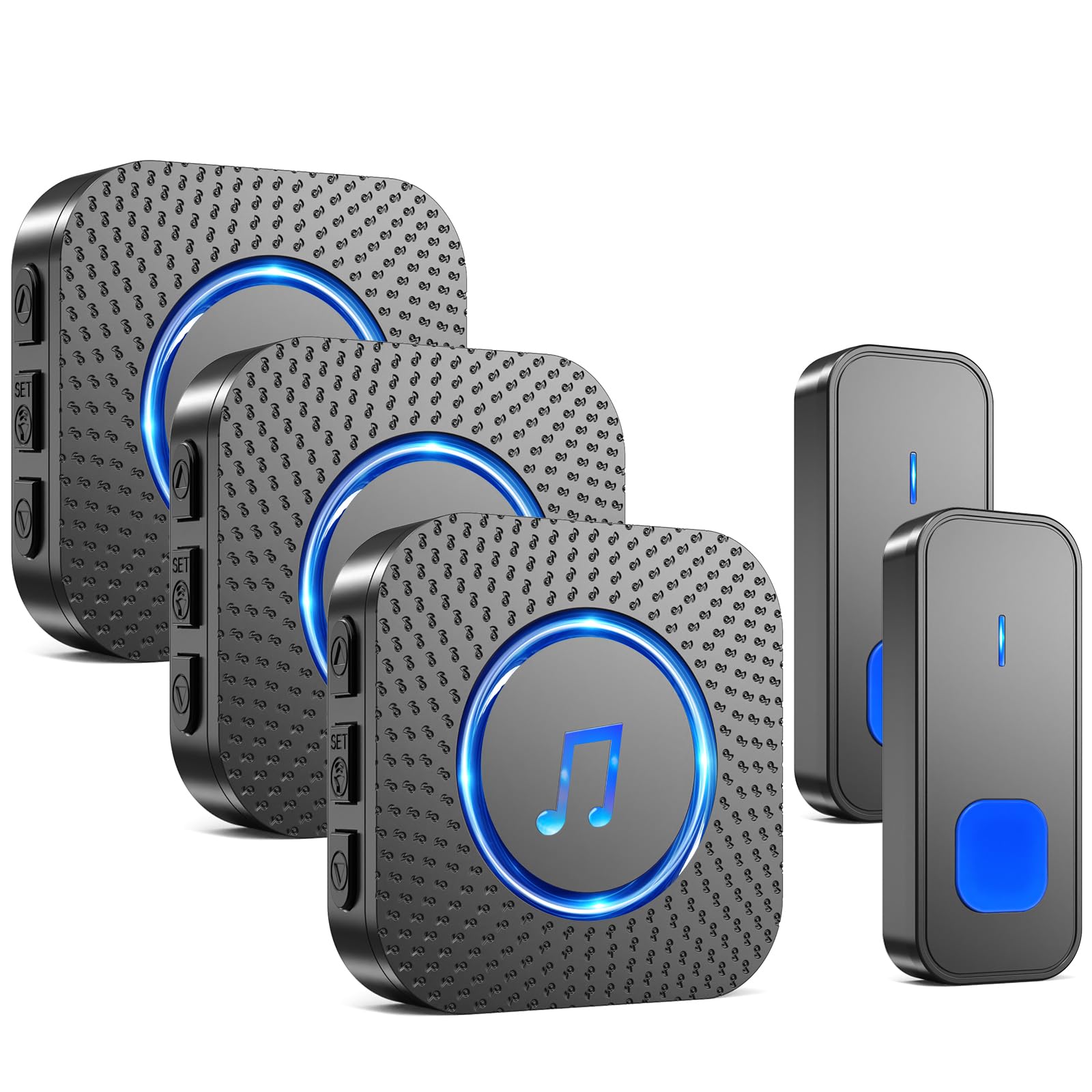 SURFOU Campanello Senza Fili da Esterno Interno, Campanello Casa Wireless Pulsante a Lunga Distanza di 400m, 55 Suonerie, 5 Volumi Selezionabili (3 nero ricevitore + 2 nero trasmettitore)