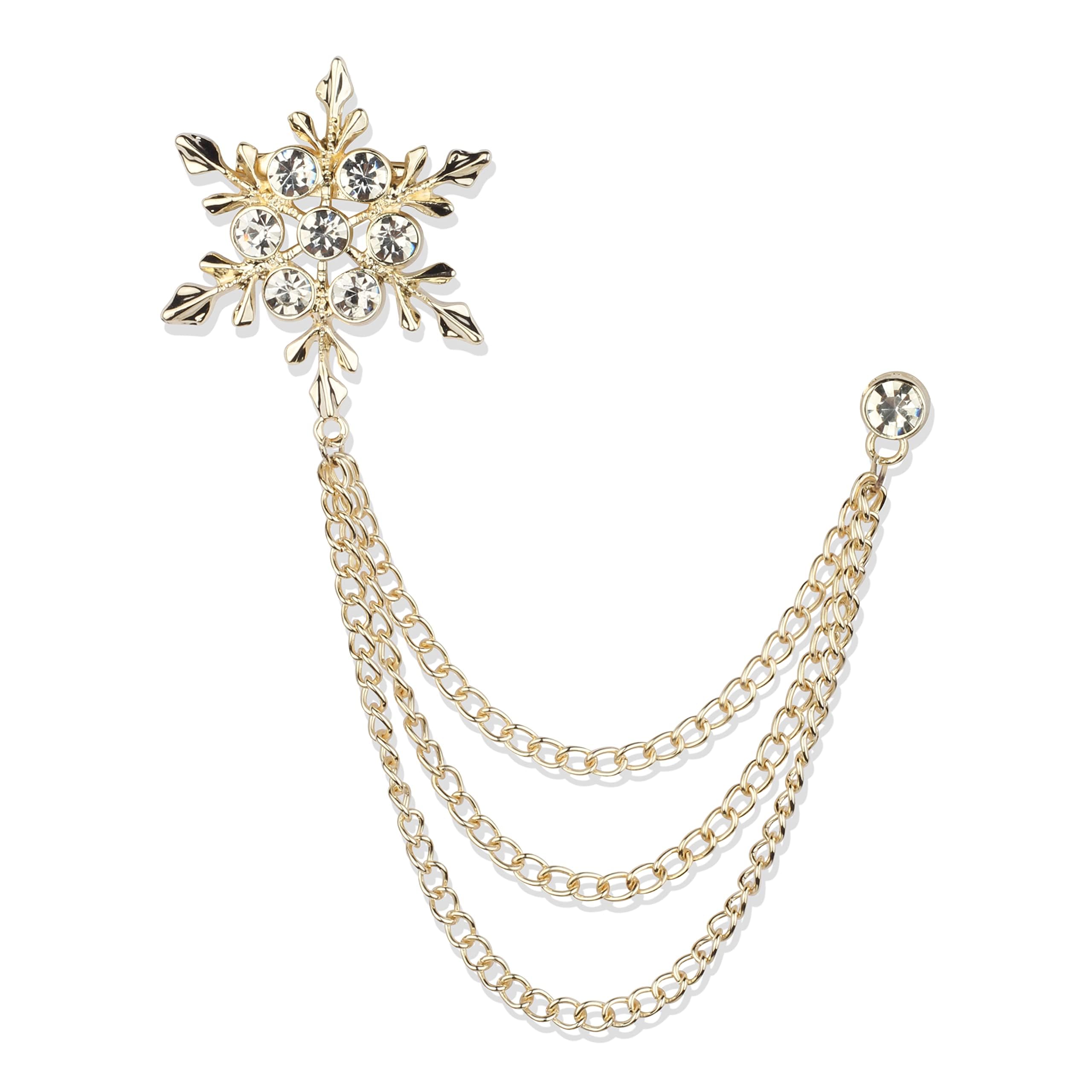 Snowflake Design Brooch with Golden Chain – Men's Elegant Pin for Suits, Blazers & Ethnic Wear-image-39