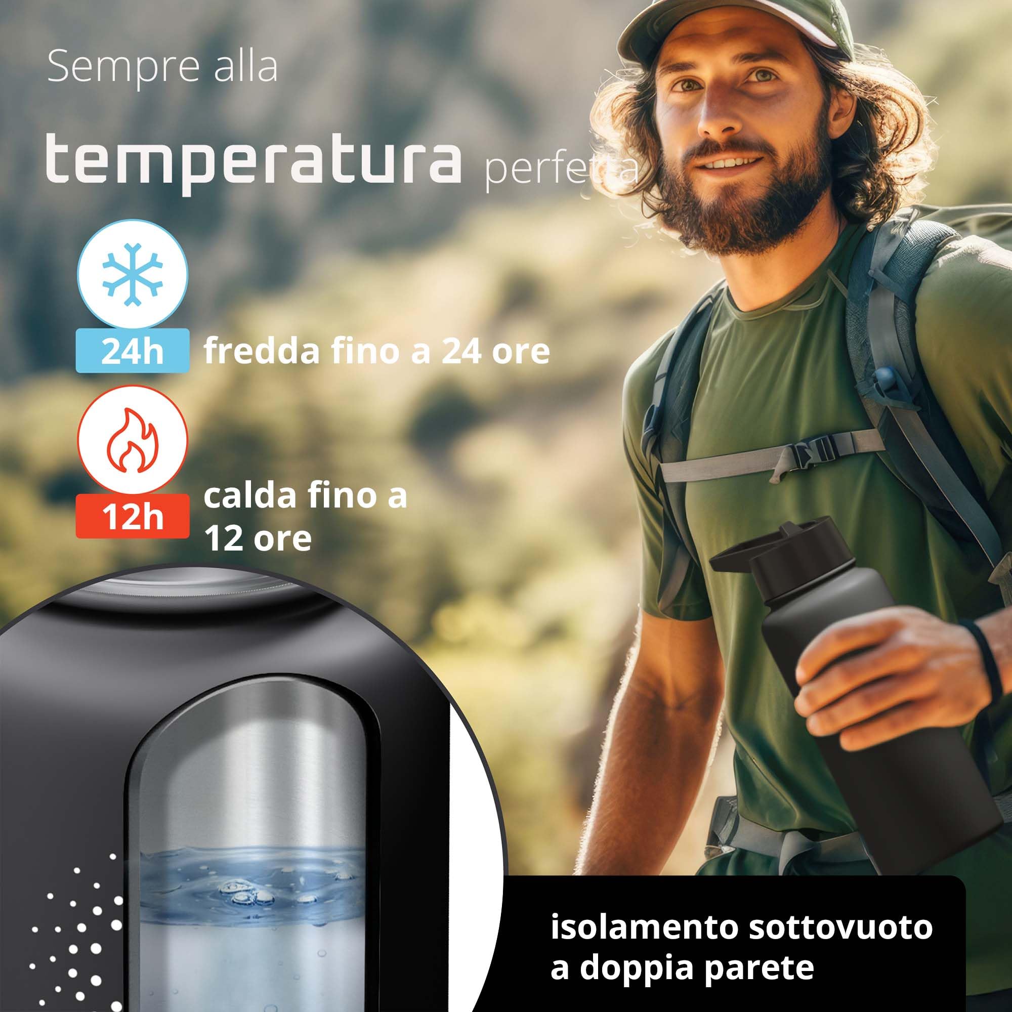 Bottiglia Acqua Termica INOX ACTIVE FLASK + Cannuccia (3 Tappi), Senza BPA, 1l/500ml | Borraccia Isotermica Acciaio - Caldo/Freddo, Ufficio Outdoor Sport Bicicletta viaggio fitness, Caffe Te