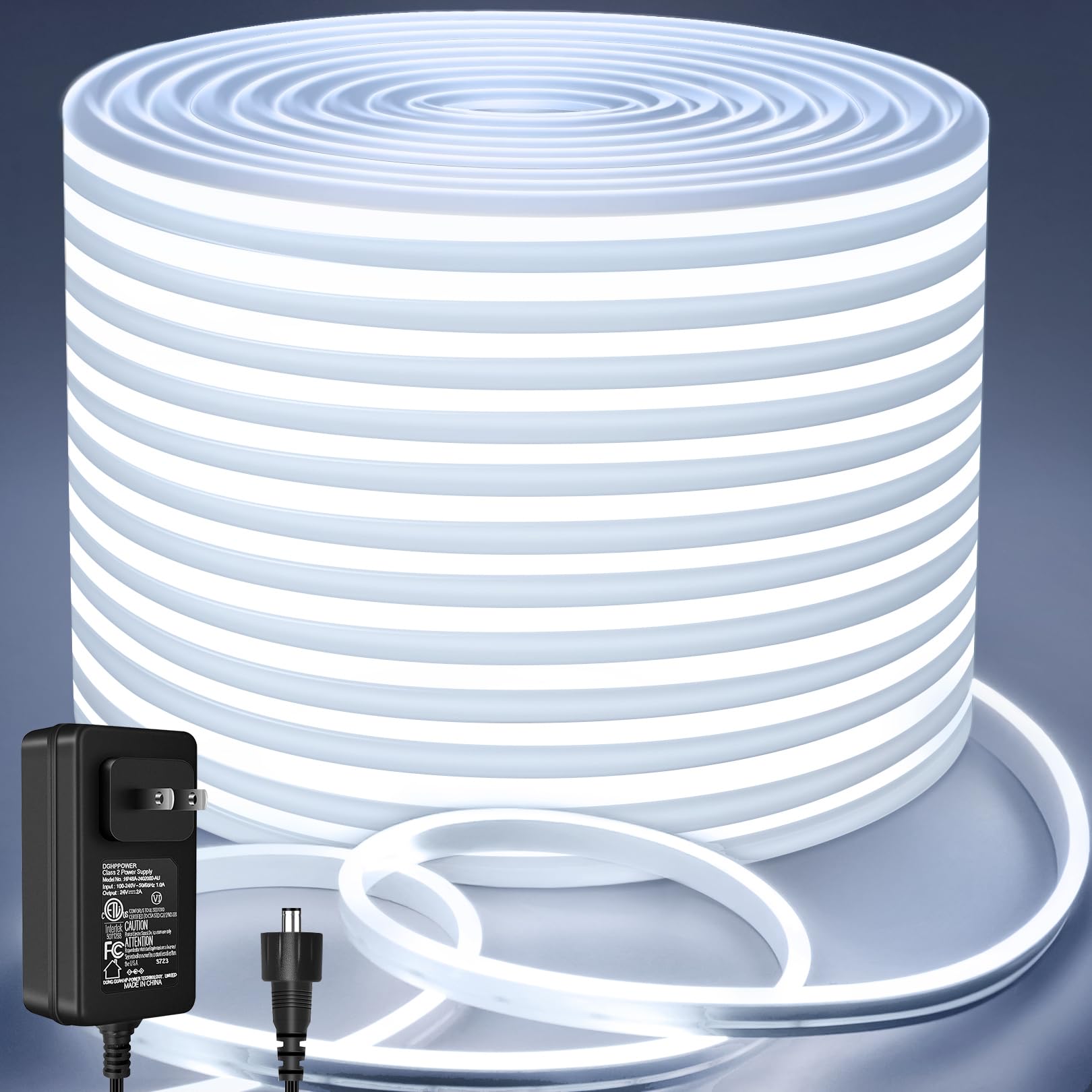 Lamomo Neon LED Rope Light 65.6Ft, White LED Strip Lights 1.96in/Cut, 6000K Waterproof Flexible Silicone 24V Led Strip for DIY Neon Sign Bedroom Indoor Outdoor Decor（Power Adapter Included）
