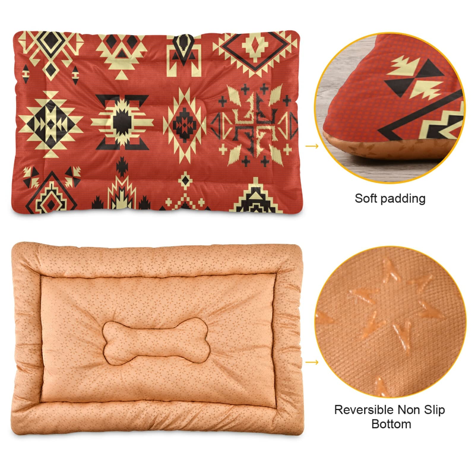 Oyihfvs Native American Tribal Ethnic Elements Vector Pattern on Red Board Dog Pet Soft Bed Mat Comfortable Mattress, Non-Slip Washable for Puppy Cat Kennel Rectangle Blanket Sleeping Pad 36x24 inch