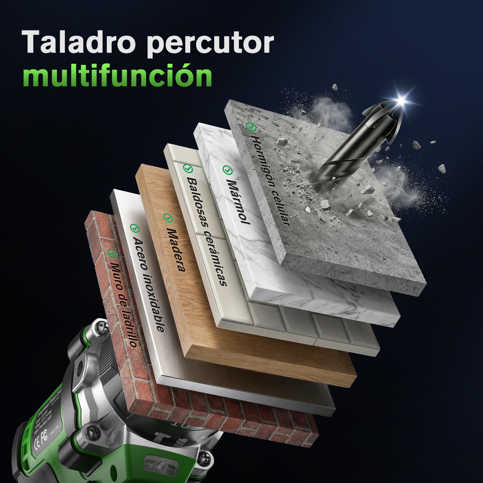 Ginour Taladro Percutor a Bateria sin escobillas 50Nm, 21V Atornillador | con 1x2Ah Baterías compatible con Makita 18V, 23+3 Par, 2 Velocidad Destornillador Electrico con función impacto
