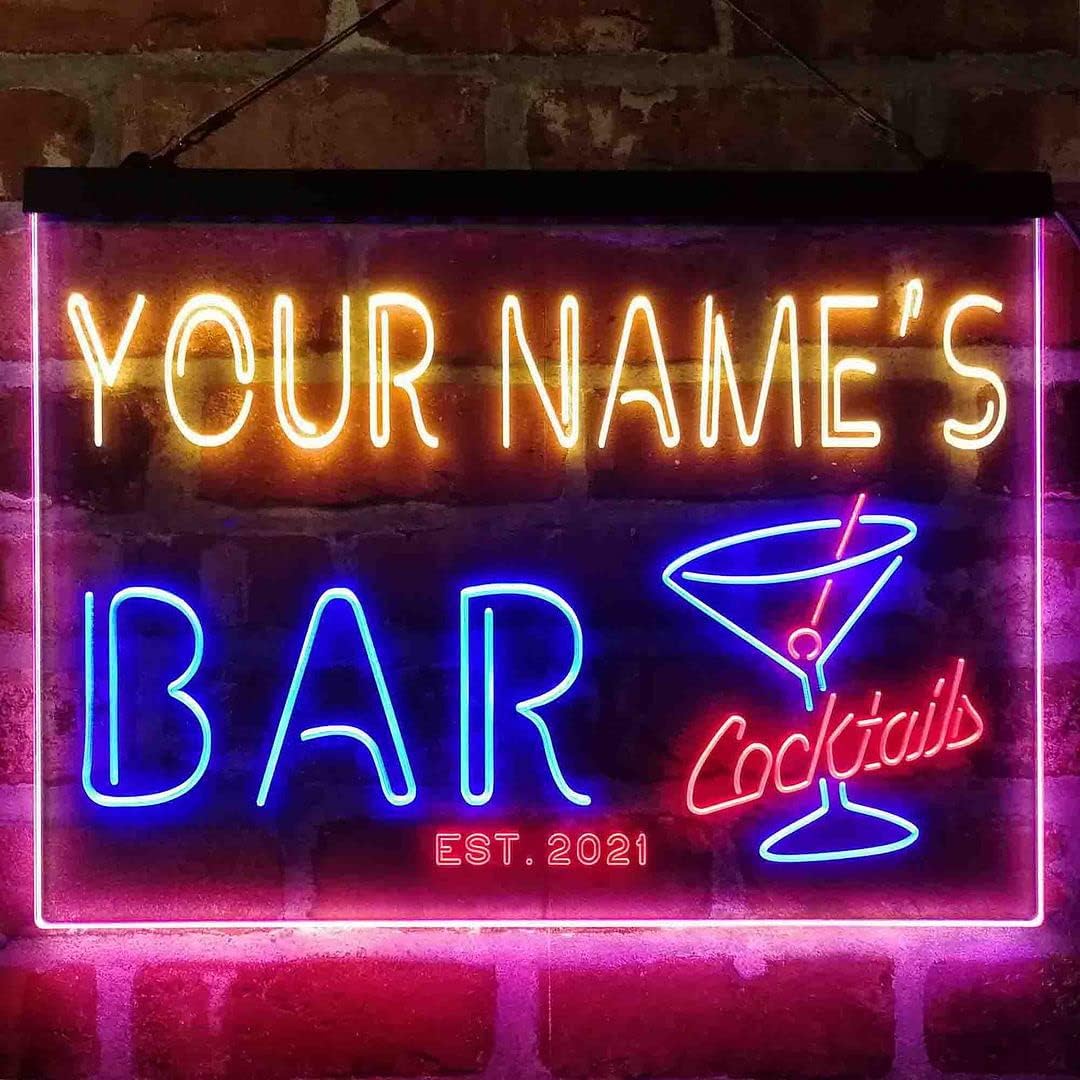 Personalized Cocktail Glass Bar Tri-Color LED Neon Light Sign Customize Name Date Text Quote Font Red & Blue & Yellow 17.7 x 13.6 Inches st9s43-w6-tm-rby