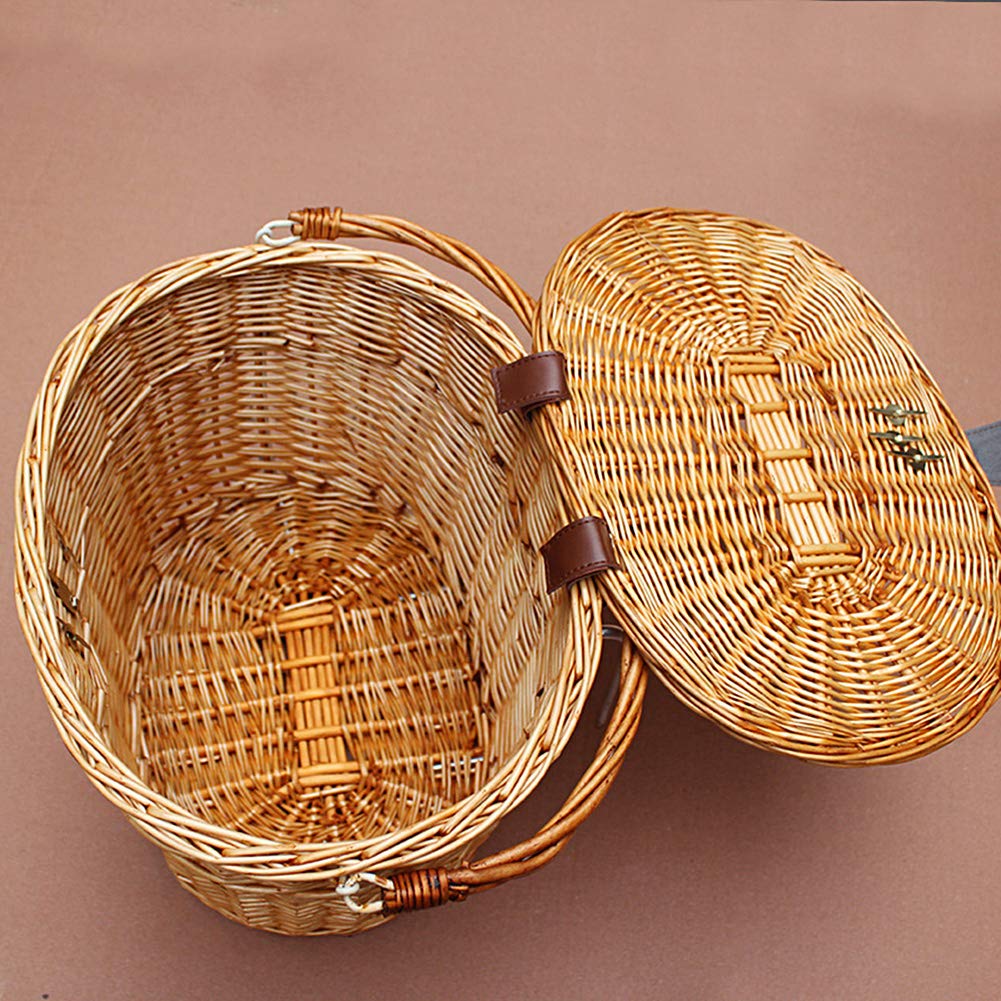 Gonetre Panier de Vélo en Osier avec Couvercle, Style Rustique, Sac de Courses, Poignée de Transport, Ajustement Universel pour Vélos adultes. Matériau : Osier. Couleur : comme indiqué. (Brun)