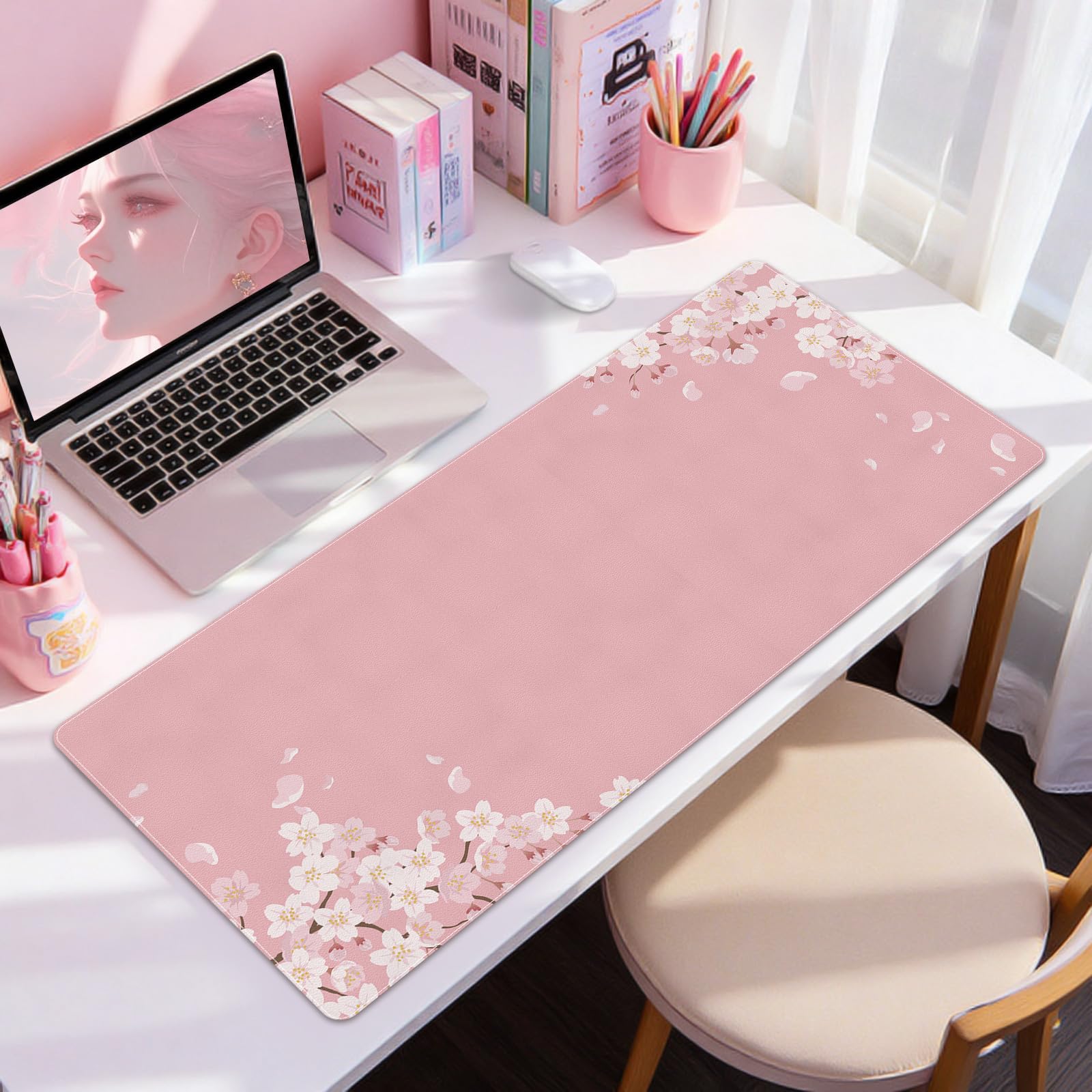 DINKY Large Leather Mouse Pad, Pink Cherry Blossoms Desk Mat for Desktop, Women Girls PVC Leather Waterproof Gaming Desk Protector Writing Pad for School Office Home 35.4" x 15.7"