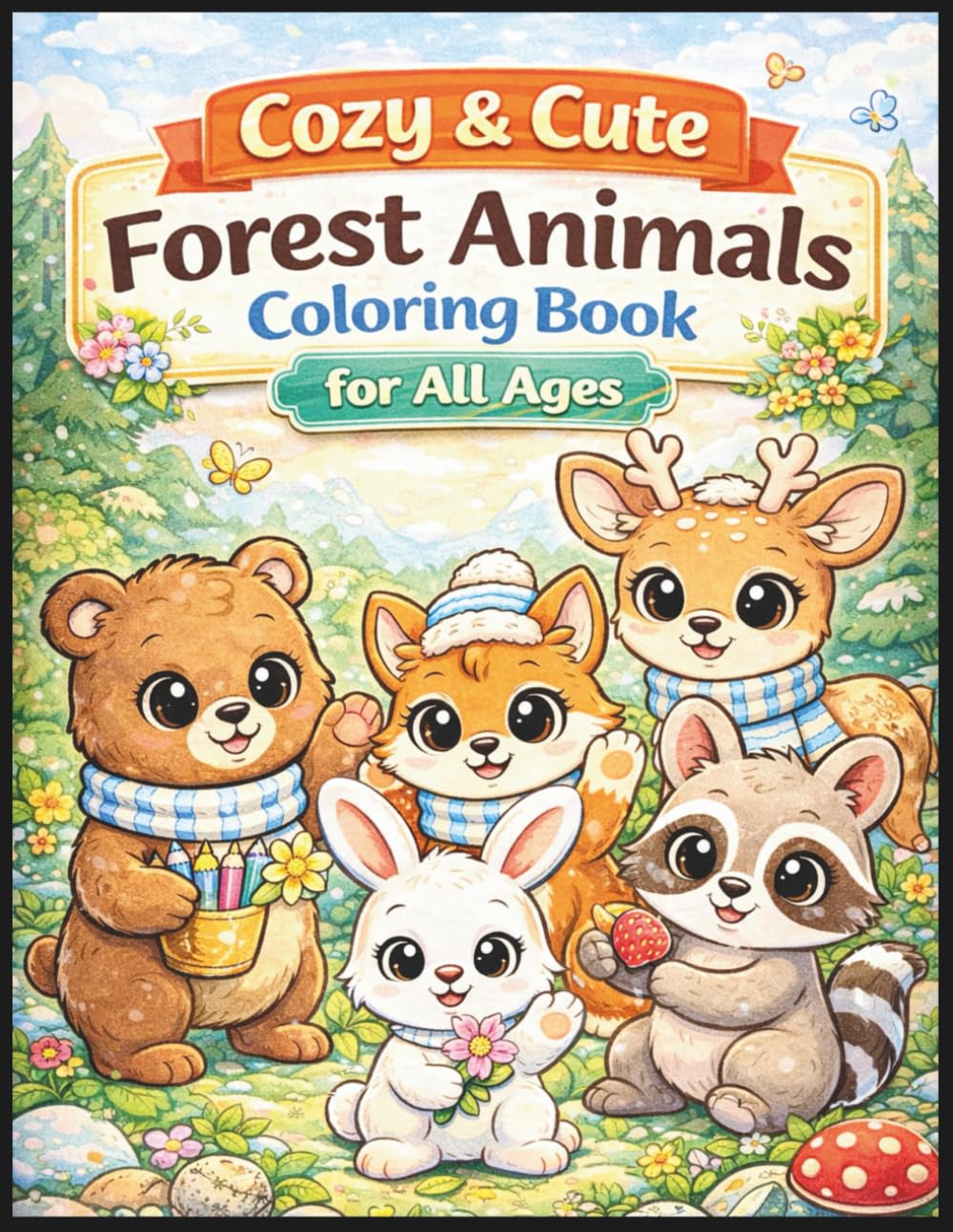 Cozy & Cute Forest Animals Coloring Book for All Ages: Bold and Easy Relaxing Designs for Kids, Teens and Adults: 50 Adorable Woodland Animal Pages ... Relief, Creativity and Mindful Coloring