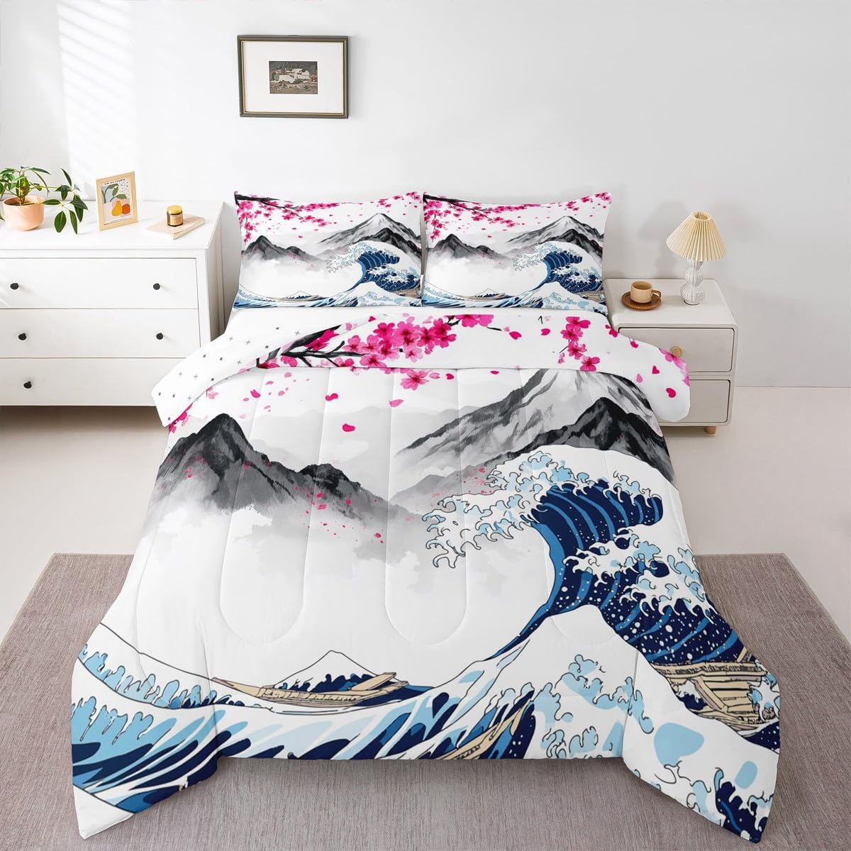 Erosebridal Japanese Style Full Comforter Set Pink Cherry Blossom Bedding Comforters & Sets,Ocean Wave Duvet Fuji Mountain Quilt Comforter,Japanese Ukiyoe Theme Duvet Set 3Pcs with 2 Pillowcases Cozy