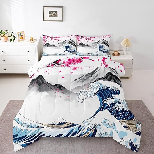 Erosebridal Edredón de estilo japonés, ropa de cama de flor de cerezo rosa, juegos de ropa de cama y colecciones de olas del océano, edredón de