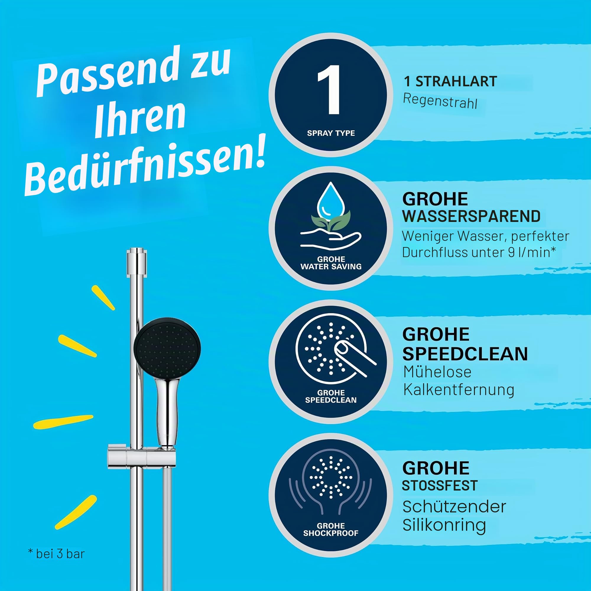 GROHE Vitalio 110, Duschset wassersparend, 8l pro Min (Brausestangenset mit: Duschkopf 1 Strahlart, 1,75m Schlauch, Duschstange 60cm, zum Kleben oder Bohren, ohne Kleber), rund, chrom, 27942001