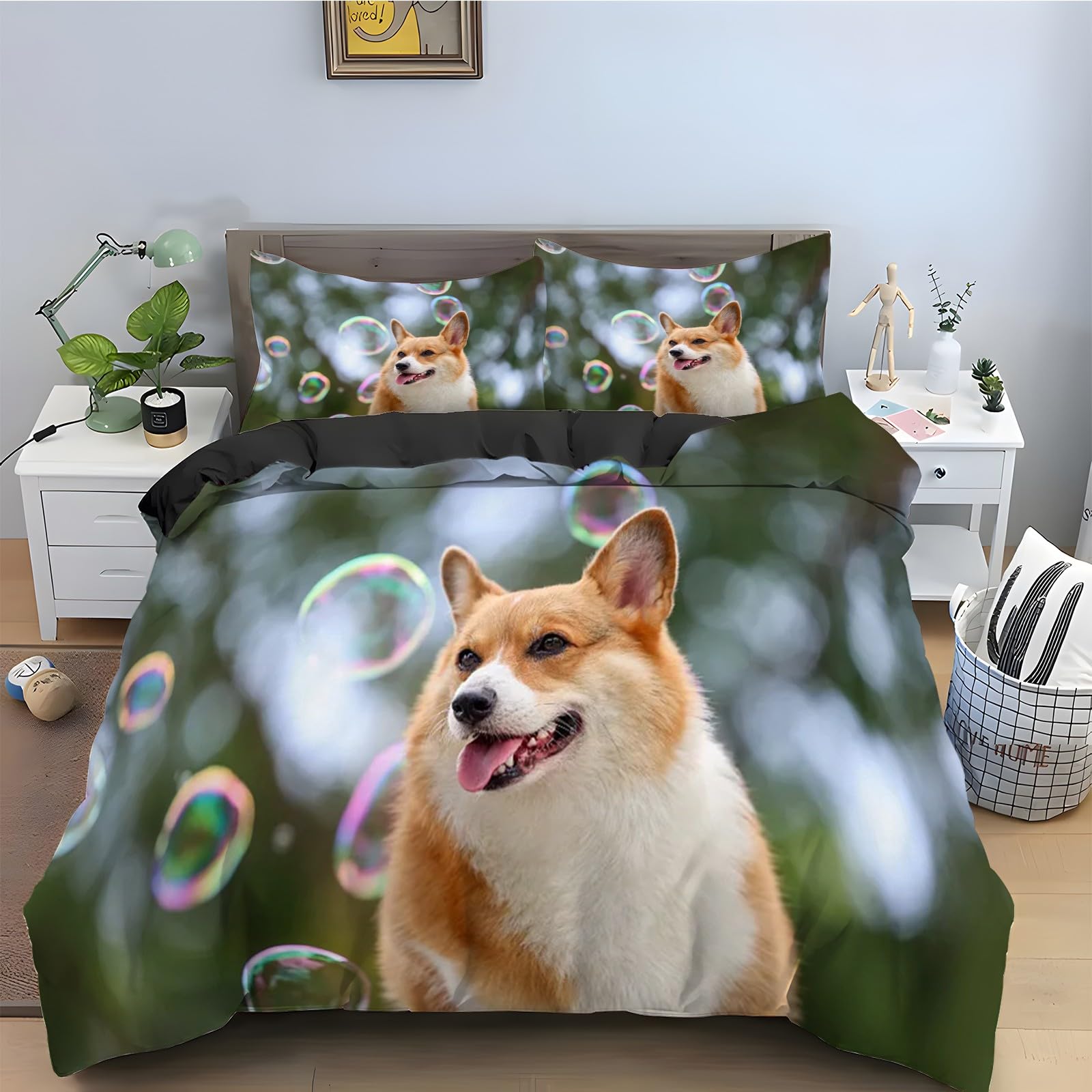 Housse de couette 90x190 Corgi avec fermeture éclair pour un lit facile à border
