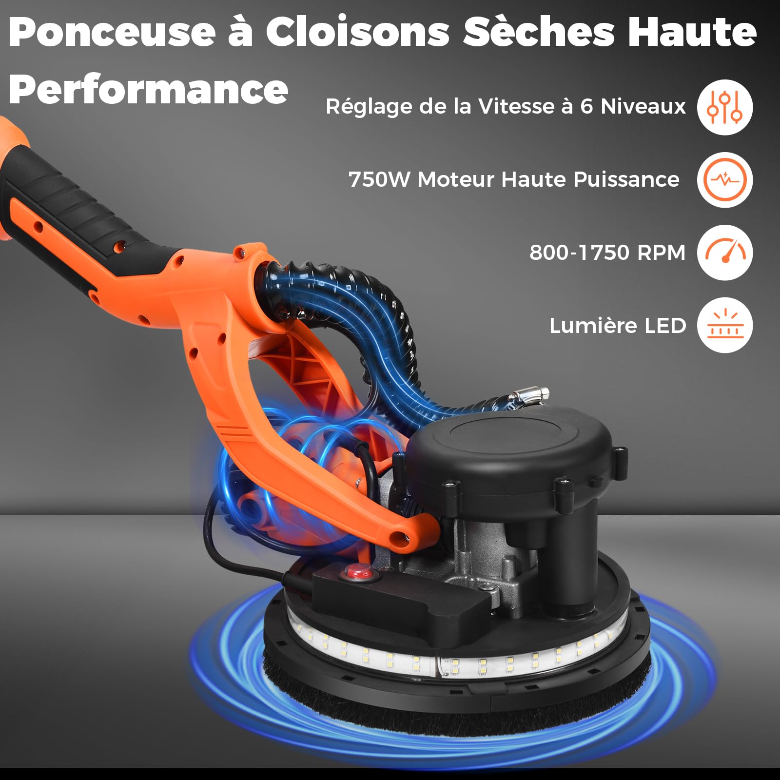 GOPLUS Ponceuse Girafe Aspirante 750W, Ø225mm, Lumières LED, 6 Vitesse, 800-1500 tr/m, Ponceuse Mur et Plafond Électrique Pliable avec Manche Télescopique, 12 Disques Abrasifs 80-240, Sac de Transport