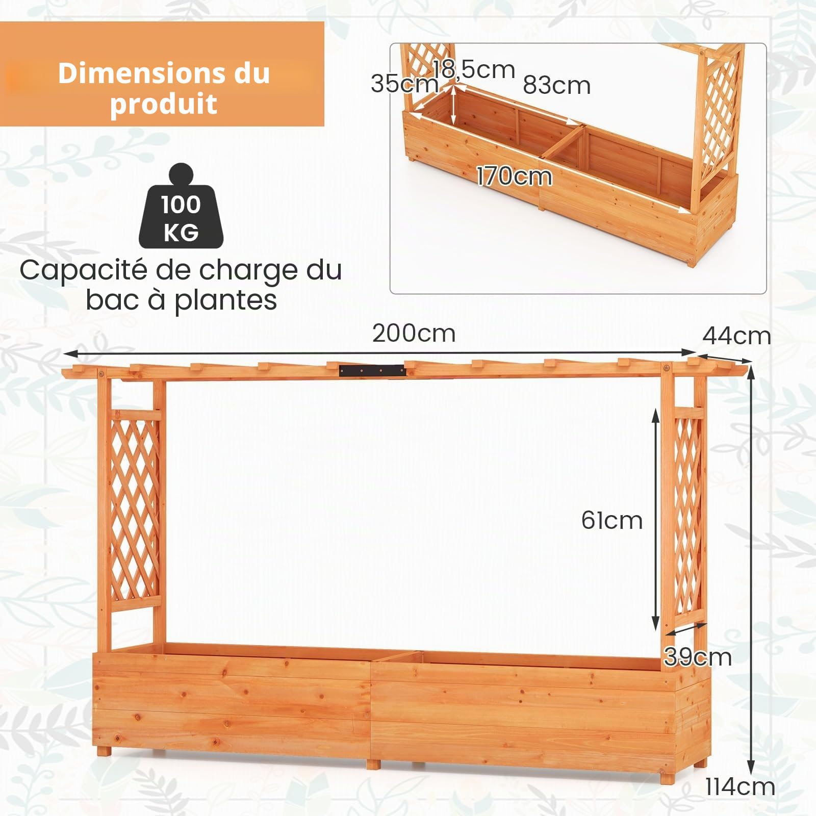 FANTASK Jardinière surélevée avec Treillis et Toit Suspendu, bac à Plantes avec tuteur, bac à Fleurs pour Plantes grimpantes et paniers Suspendus, Orange (200 x 44 x 114 cm)