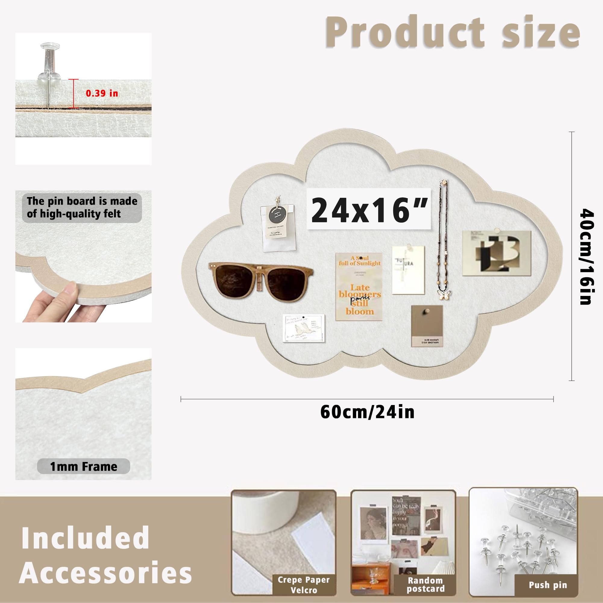 Bacheca In Feltro A Forma Di Nuvola, Colore Crema, 40,6x61 Cm, Con Puntine Incluse. Stile Boho Per Organizzare Foto, Promemoria, Chiavi E Decorare La Parete.