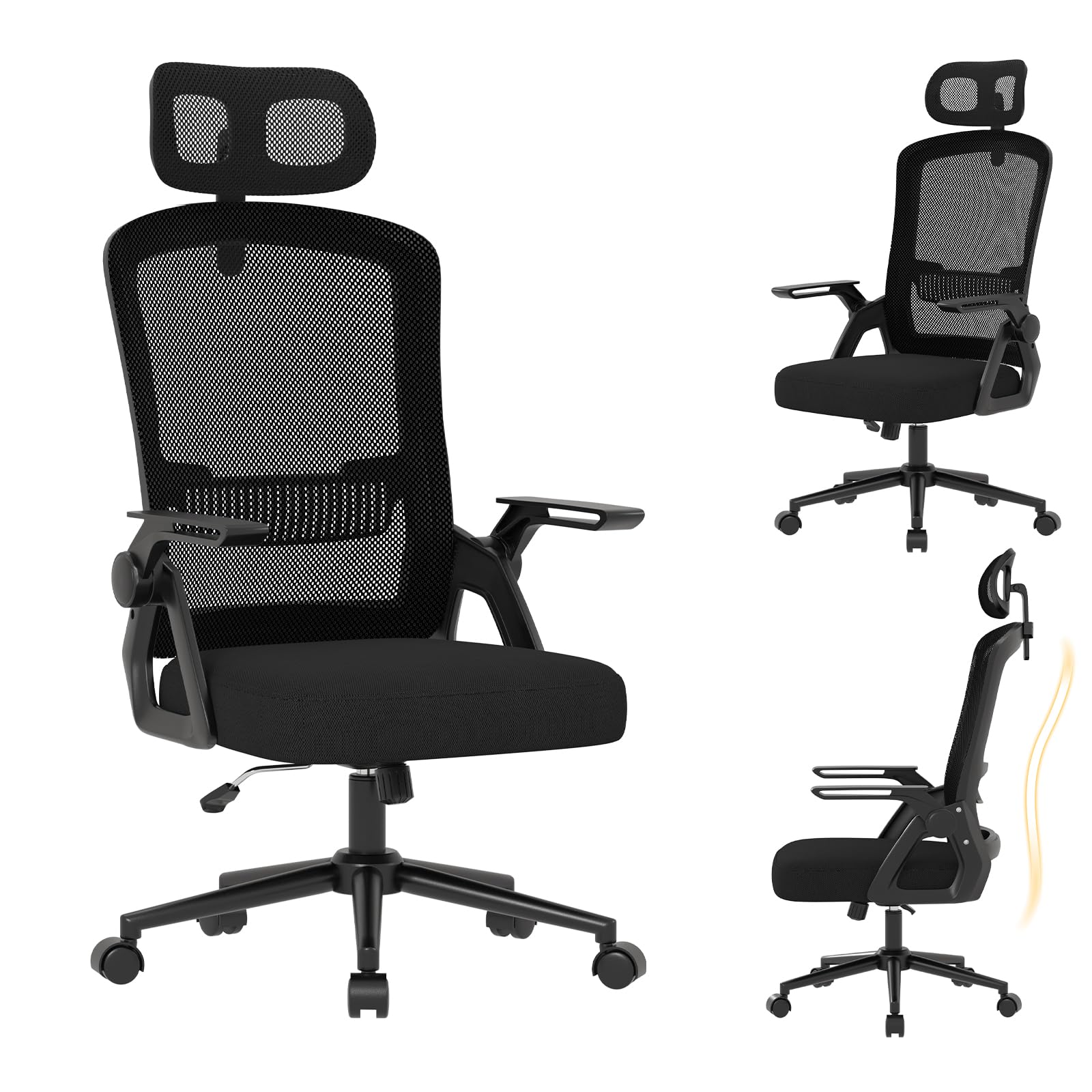 naspaluro Ergonomischer Bürostuhl, höhenverstellbarer Drehstuhl mit Lordosenstütze Kopfstütze, Atmungsaktiver Mesh-Rücken, hochklappbare Armlehnen, für Homeoffice Gaming