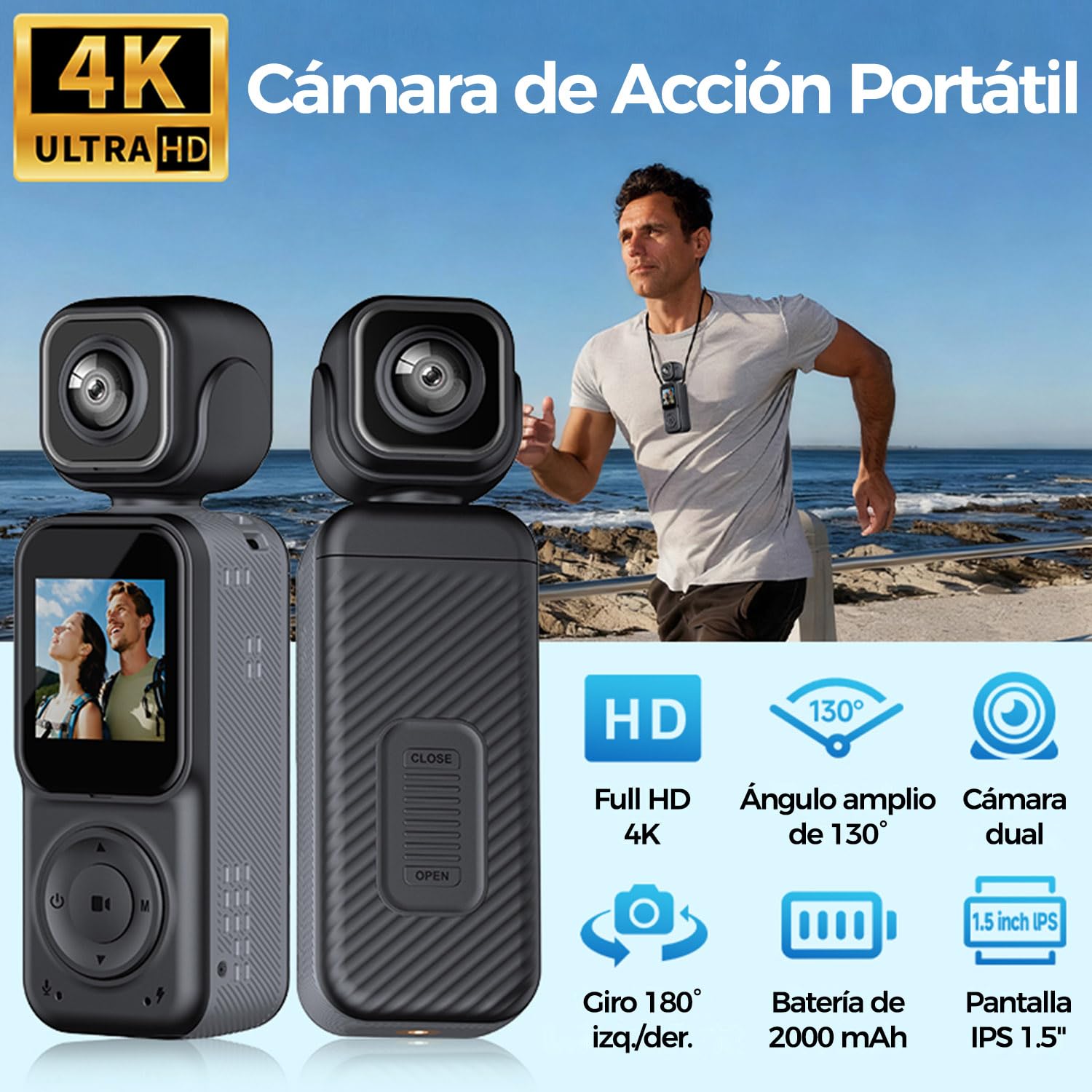 Zeerkeer Cámara de Acción Pequeña 4K Doble Lente para Bicicleta y Vlog | Batería 2000mAh, Lente Giratoria 180°, Pantalla 1.54", 130° FOV, POV Cámara Deportiva WiFi, Rosca Estándar 1/4"