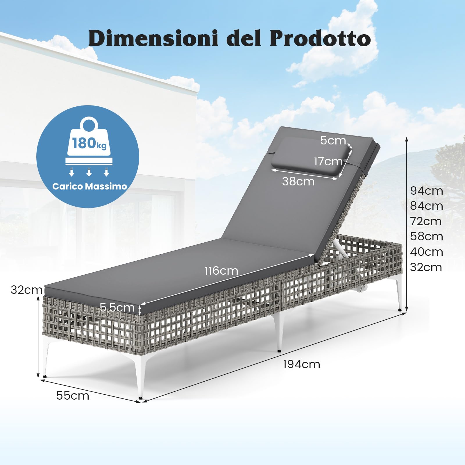 COSTWAY Sdraio Giardino Rattan, Lettino Prendisole con Schienale Regolabile 6 Livelli, Cuscino e Poggiatesta Removibili Incluso, Portata 180 kg, Ideale per Piscina e Terrazza
