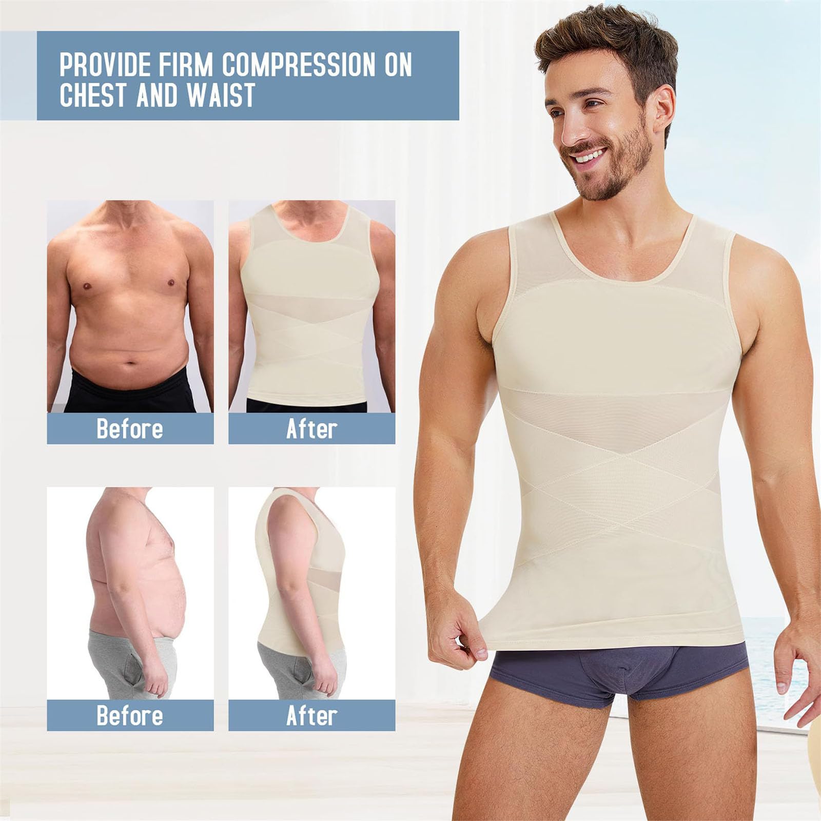 SculptBody Shaper Vest 2.0 Double Compression Homme Amincissant Ventre Vest Top 360° 3D Shaper Vest Top Compression Shirt Homme pour un look plus mince