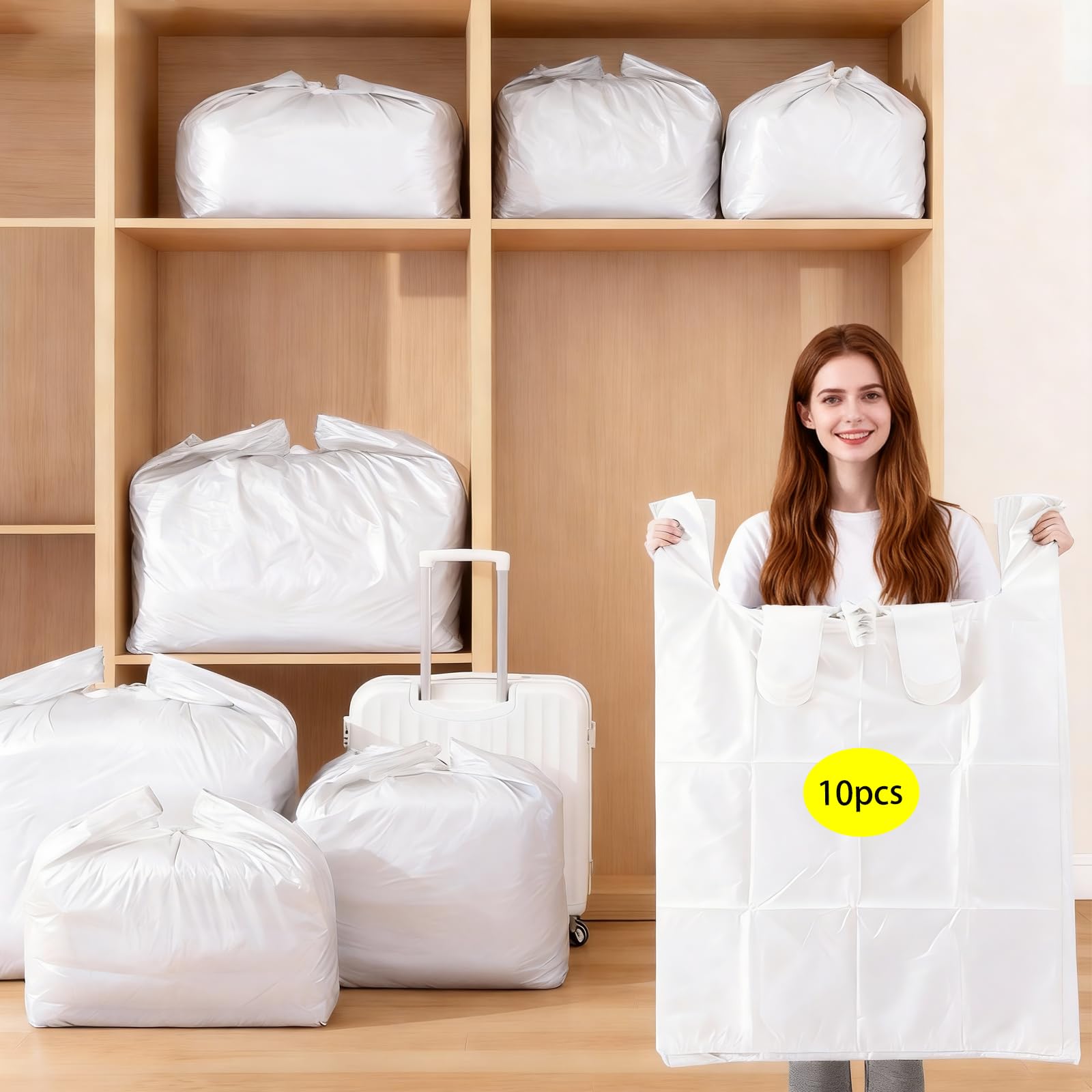EZZLlife 10 Pack Large Plastic Moving Bags 120L - Heavy Duty Storage Bags for Clothes Bedding, Dustproof Garden Waste & Leaf Bags with Handles, for House Clearance