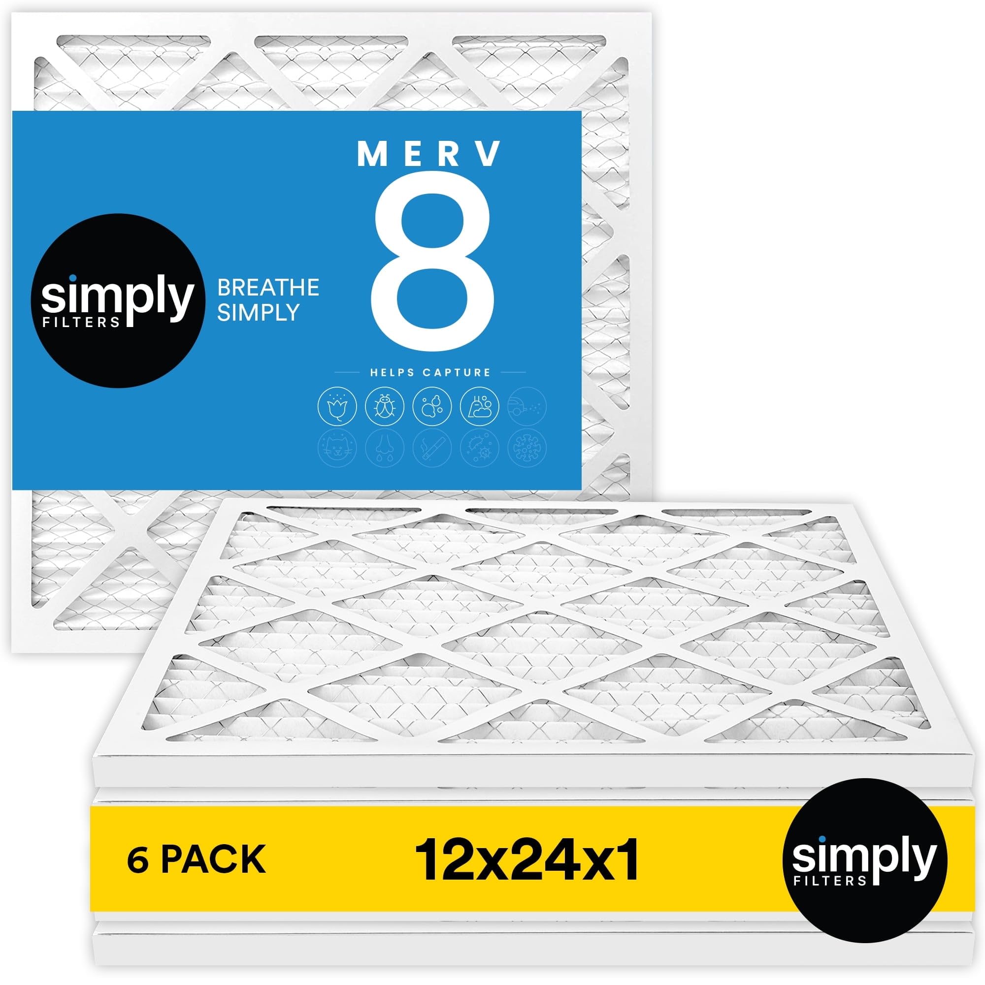 Simply 12x24x1 Air Filter, MERV 8, 6 Pack, For Home AC Furnace & HVAC (Actual Size: 11.75"x23.75"x0.75") DUST, Pet, & Allergy Control