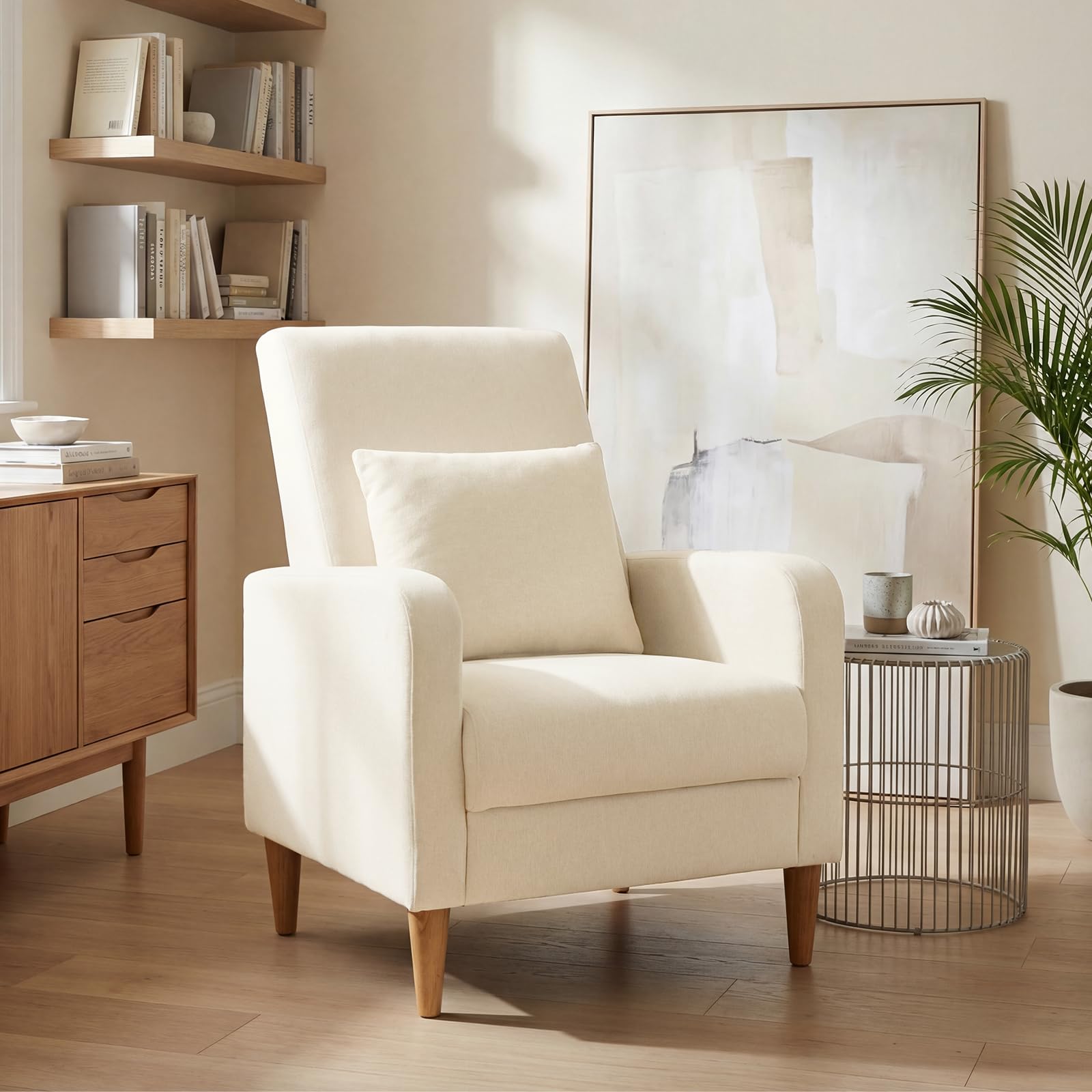 COLAMY Mid-Century Modern Upholstered Accent Chair with Back Pillow & Solid Wood Legs, Fabric Cozy Armchair for Living Room, Bedroom, Reading Nook, Apartment & Small Spaces, Beige