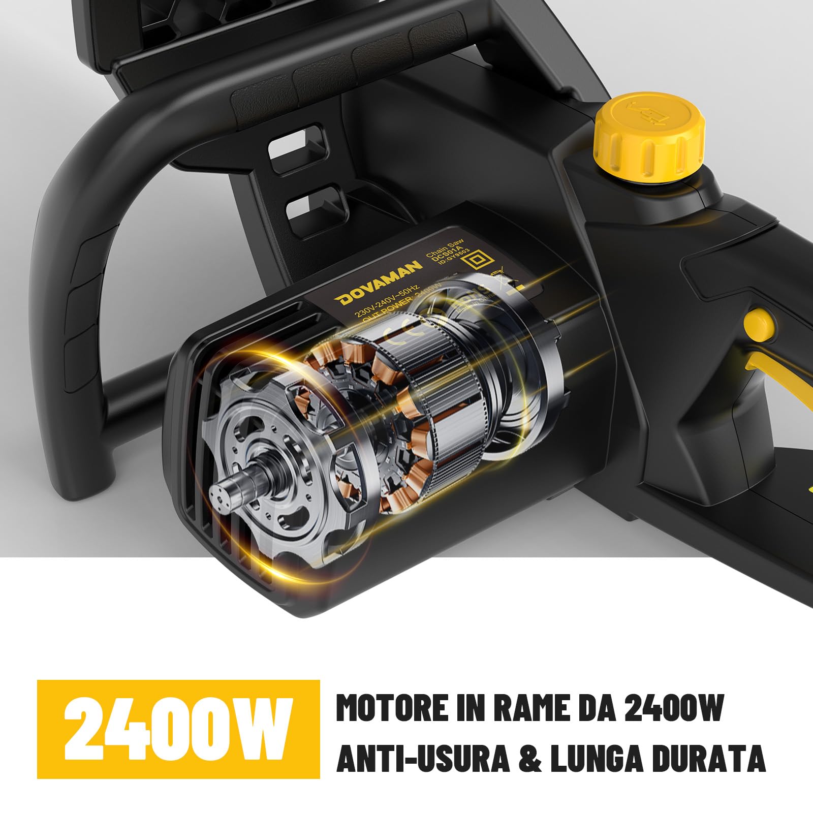 DOVAMAN 2400W Motosega Elettrica, 40cm Barra e Catena Oregon, Tensionamento Senza Attrezzi, Freno Sicurezza, 1 Catena Oregon e 1 Extra, Ideale per Legna da Ardere, Potatura e Uso in Giardino - DCS01A