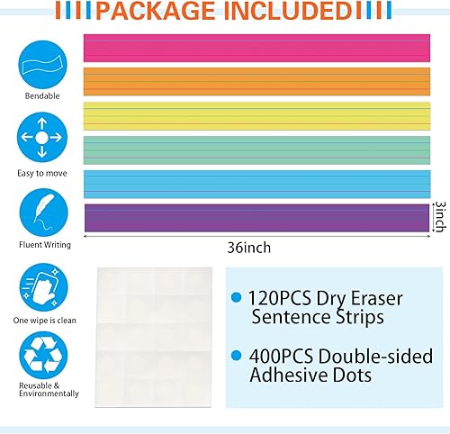 Miniatura 2 de Faccito Paquete de 120 tiras de oración para profesores de 3 x 36 pulgadas, tiras de oración de borrado en seco, tiras rayadas de oraciones de arco