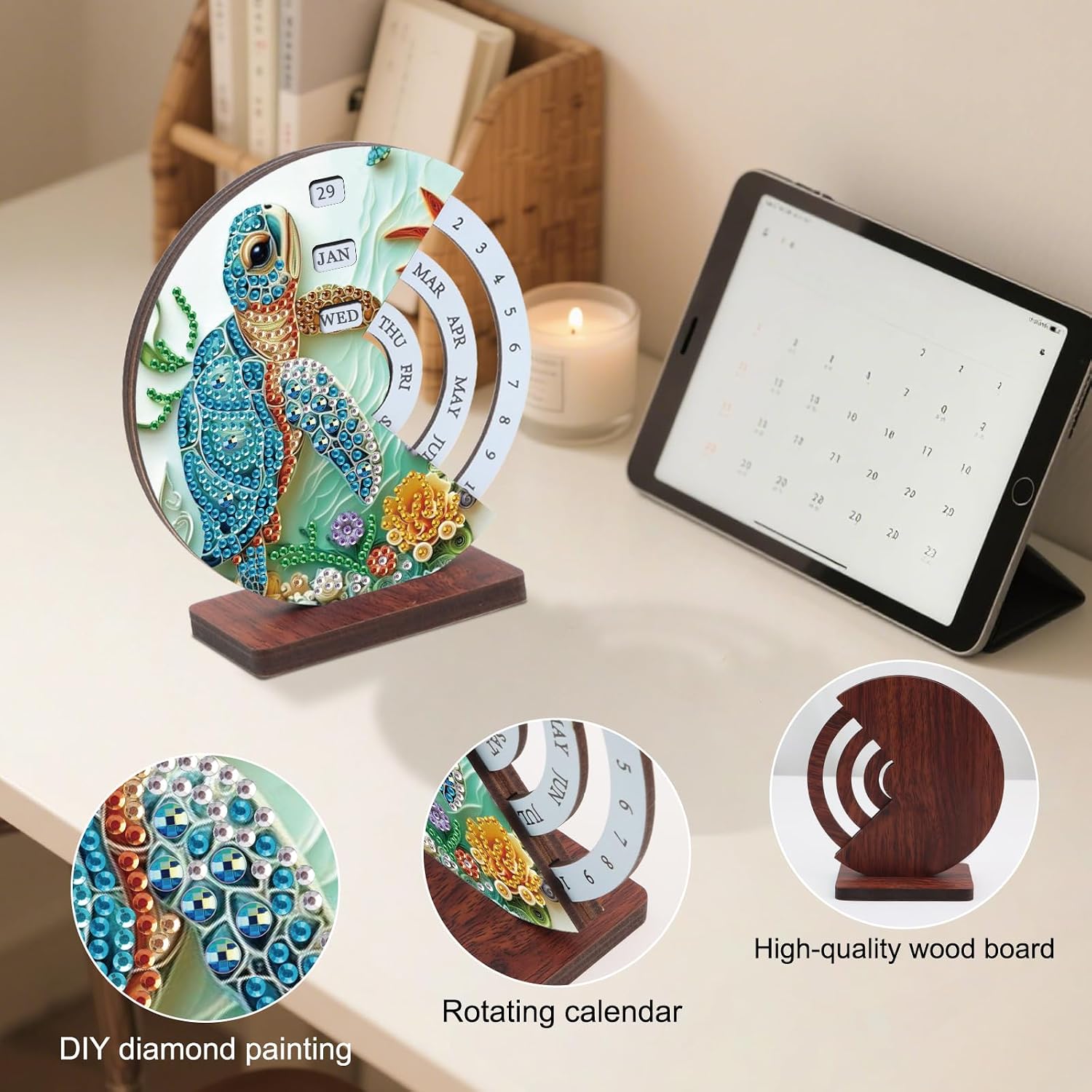 MVVMTOP Diamond Painting Wooden Rotating Calendar Kit, Turtle Design Special Shape Diamond Art Handicraft Kit, Rotating Day Month Week and Reusable Calendars, Ideal for Desk Decor & Gift