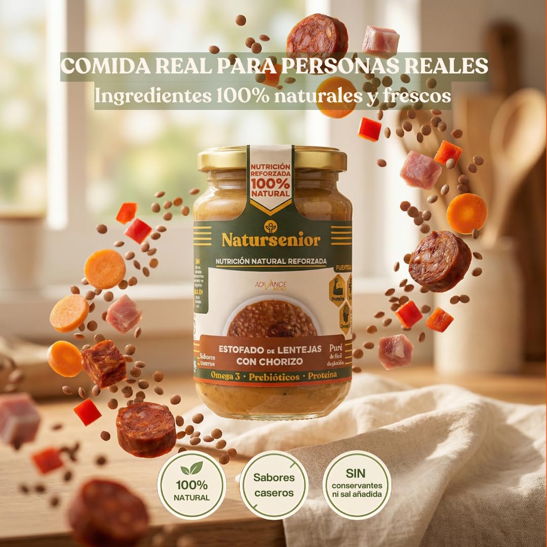 Natursenior - Comida Triturada para Personas Mayores - Pack Puré de Estofado de Lentejas con Chorizo - 100% Natural, Omega 3, Fibra, Proteína - 6 uds x 340g