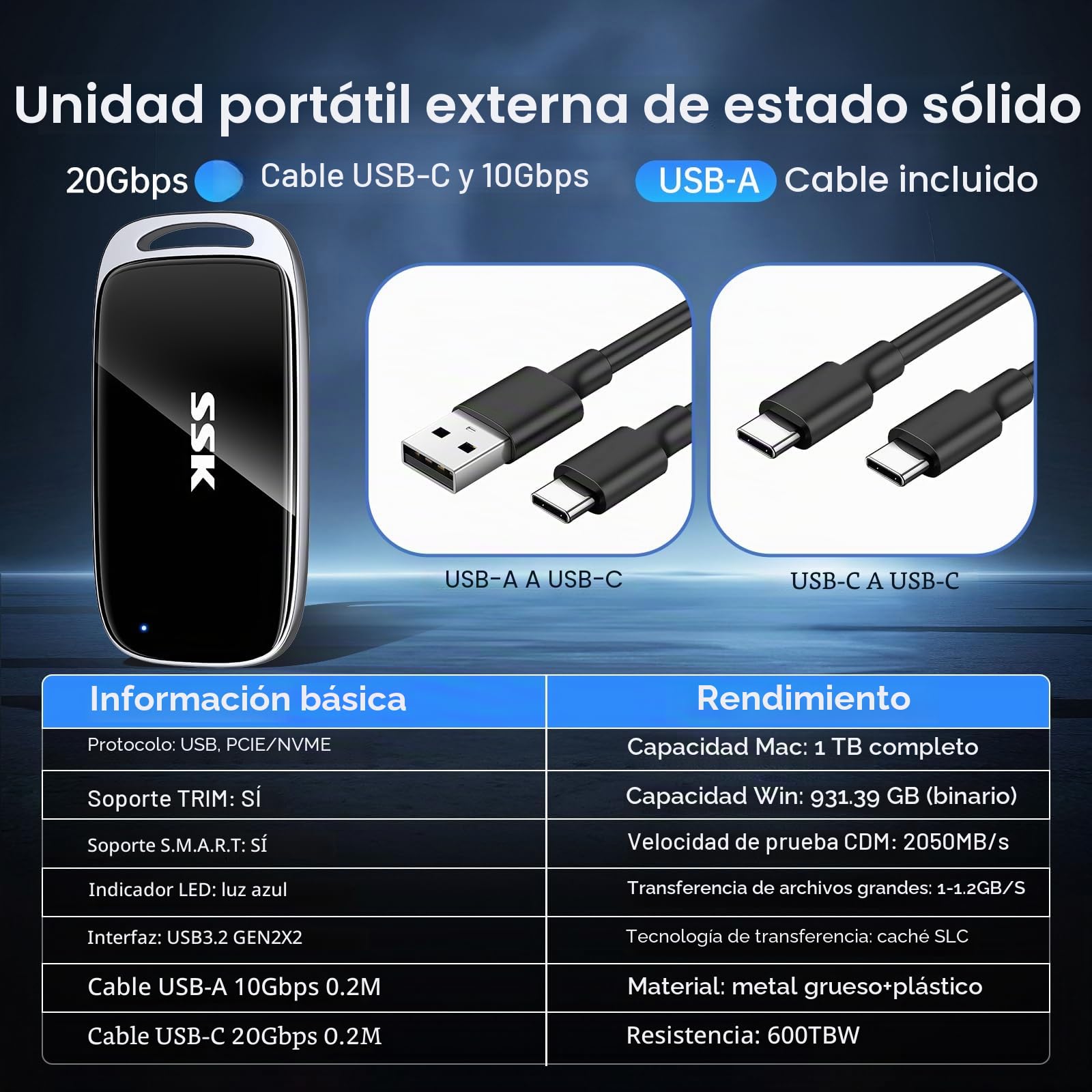 SSK 1TB Portátil Disco Duro Externo SSD hasta 2000 MB/s, USB 3.2 Gen2x2 SSD Externo para iPhone 15/16 Pro/Mac/Phone OTG/portátil/PC y Consola de Juegos, con Pantalla LED