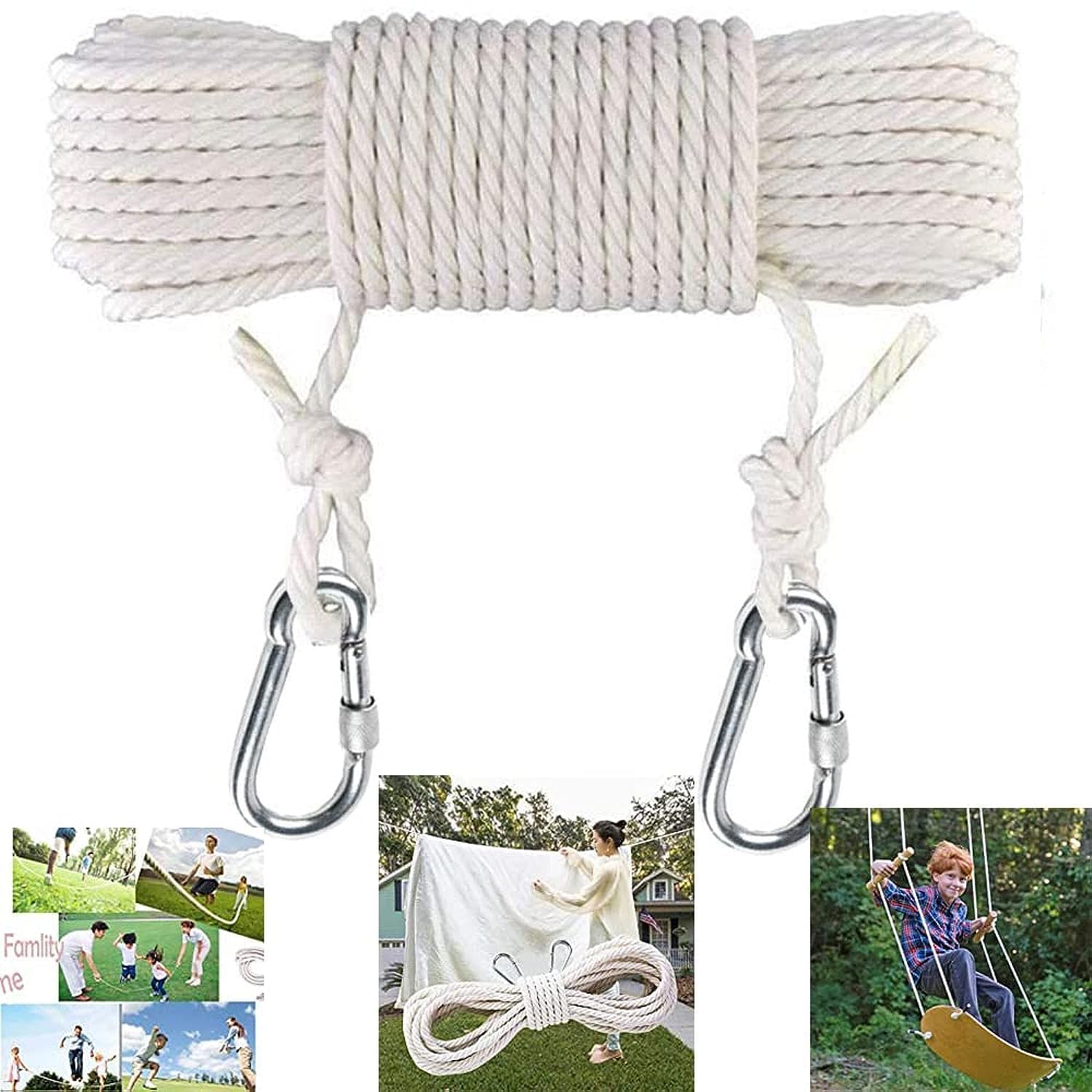 KASTWAVE Clothesline, 15M Long Cotton Clothesline Rope Laundry Line Rope Craft Drying Rope Adjustable for Camping Travel & Home Use DIY Rope as Candle Replacement Wick Laundry Line Dryer Rope (White)