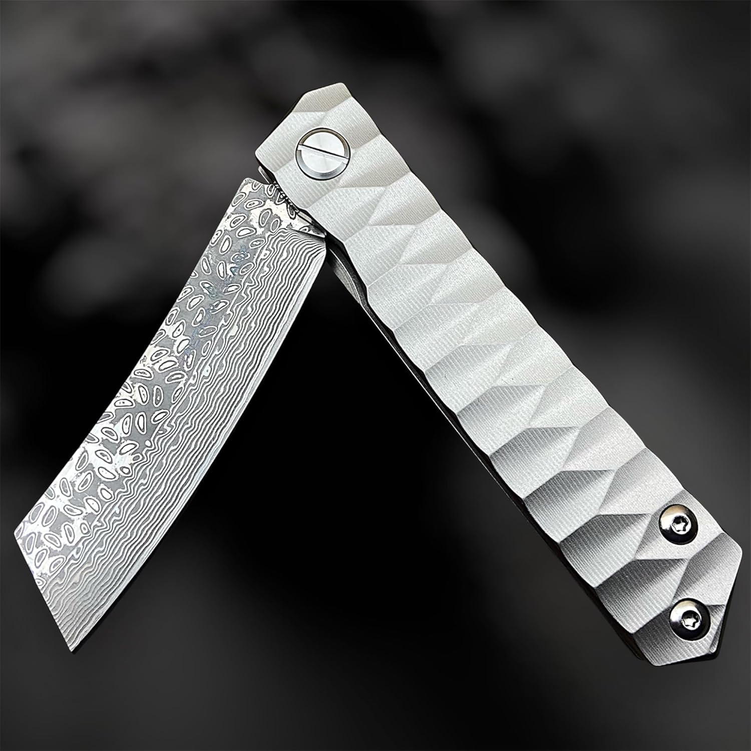 TACTICAL GEARZ Damascus Pocket Knife for EDC, Solid Tc4 Titanium Handle, Multi-Layered Damascus Steel VG10 Blade, Includes Sheath (Silver XS)