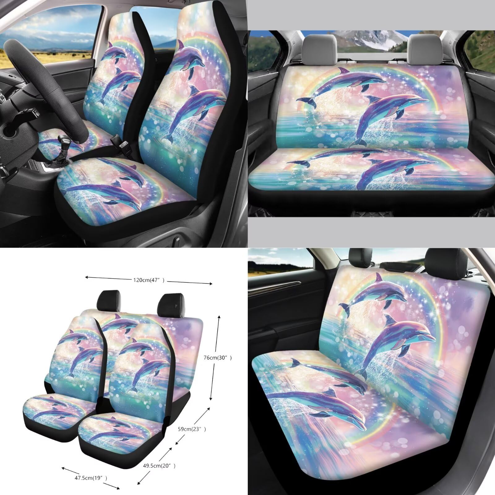 Set di coprisedili e coprivolante per auto con stampa delfino, con cuscinetti per cintura di sicurezza, copertura interna per specchietto retrovisore, borsa per la ventilazione dell'auto