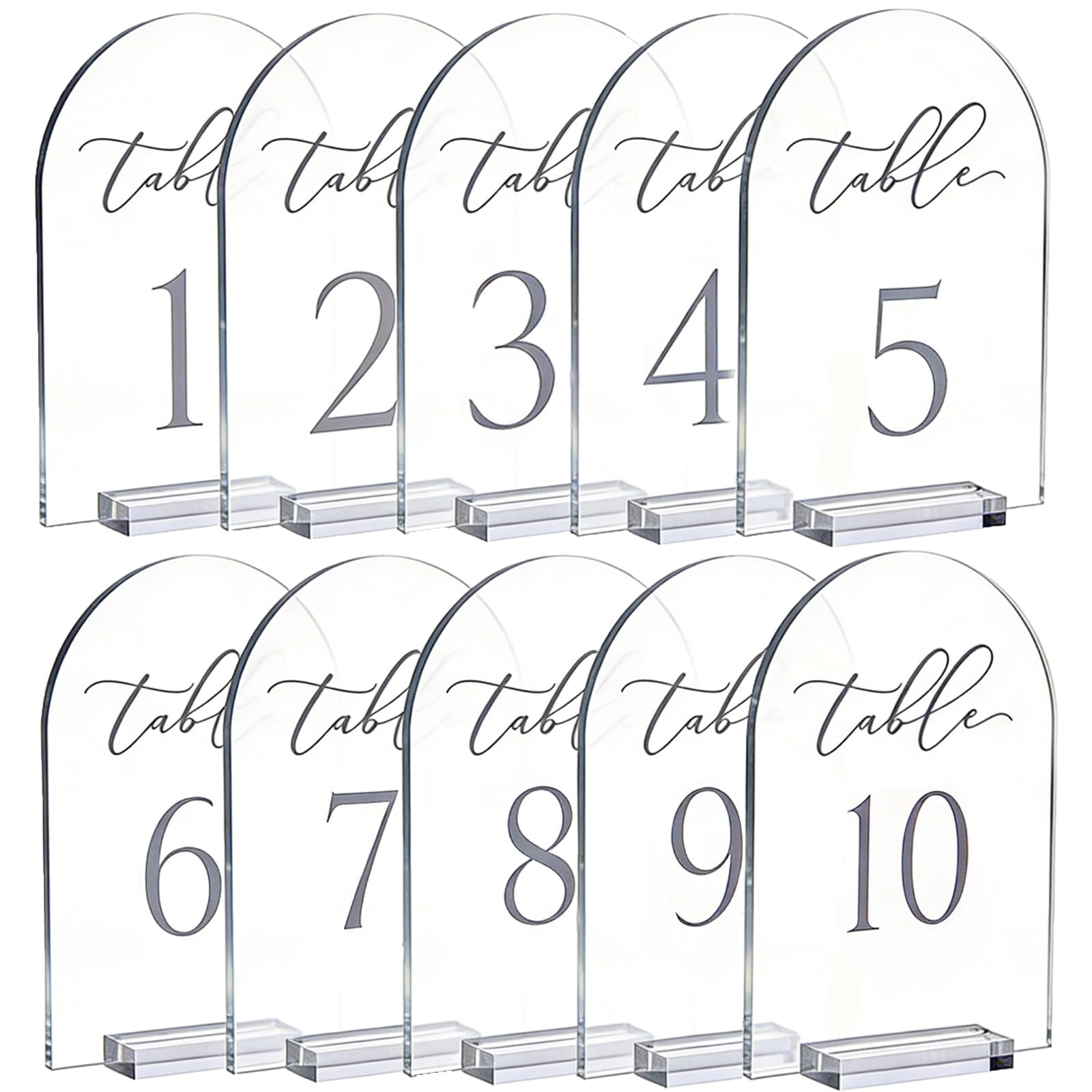 Tischnummern für Hochzeiten mit Ständer, 17,8 x 12,7 cm, transparenter Bogen, Acryl-Tischnummern 1-10, elegante Tischnummern mit weißer Schrift, für Hochzeiten, Partys, Events, 10 Stück