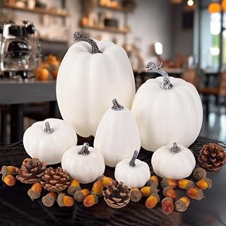 35pcs Plastic Pumpkin Decor with Acorns and Pinecones Fake White Pumpkins for Halloween Thanksgiving Table Fall Decorations for Home