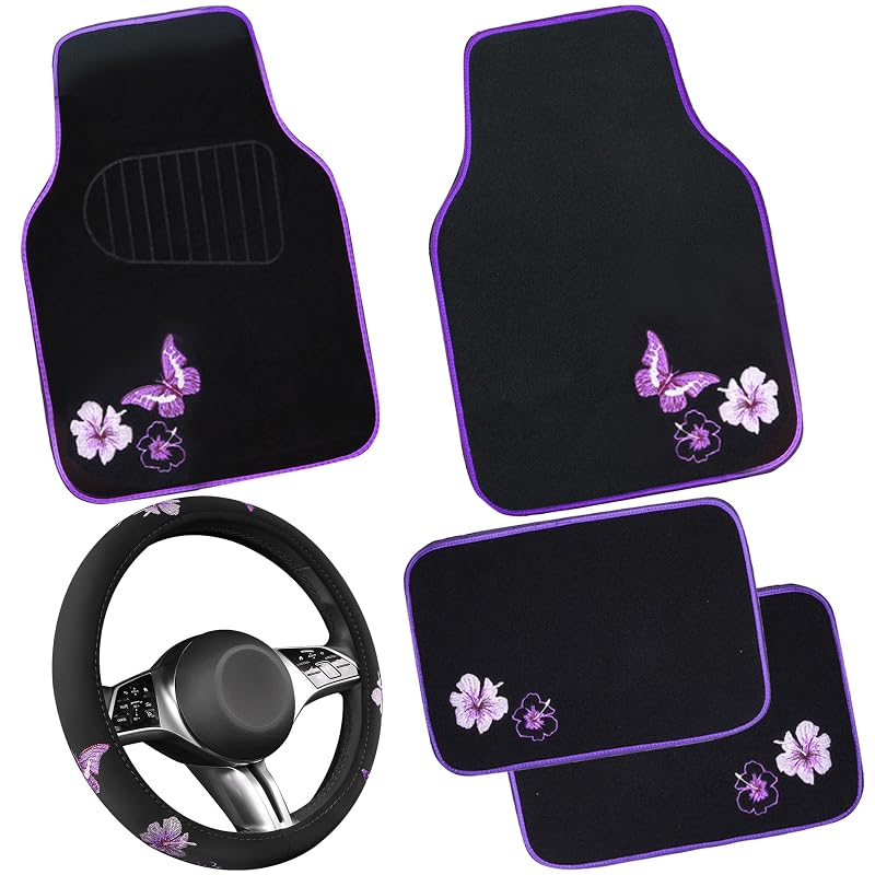 Kit de capa para volante e tapetes automotivos com borboletas CAR PASS, preto e roxo, volante de 36,8–38,1 cm