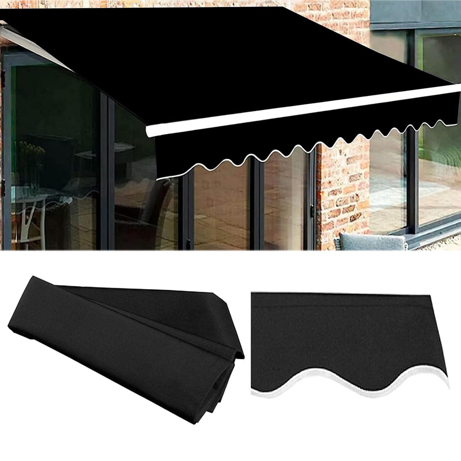 BUNAL Markise Ersatzstoff Obere Abdeckung Terrasse Tür Fenster Garten Sonnenschutz Baldachinstoff Frontschürze Dauerhaft Außen Wasserfest Polyester Sonnenschutz-Segeltuch(Size:6x1.5m,Color:Schwarz) Garten
