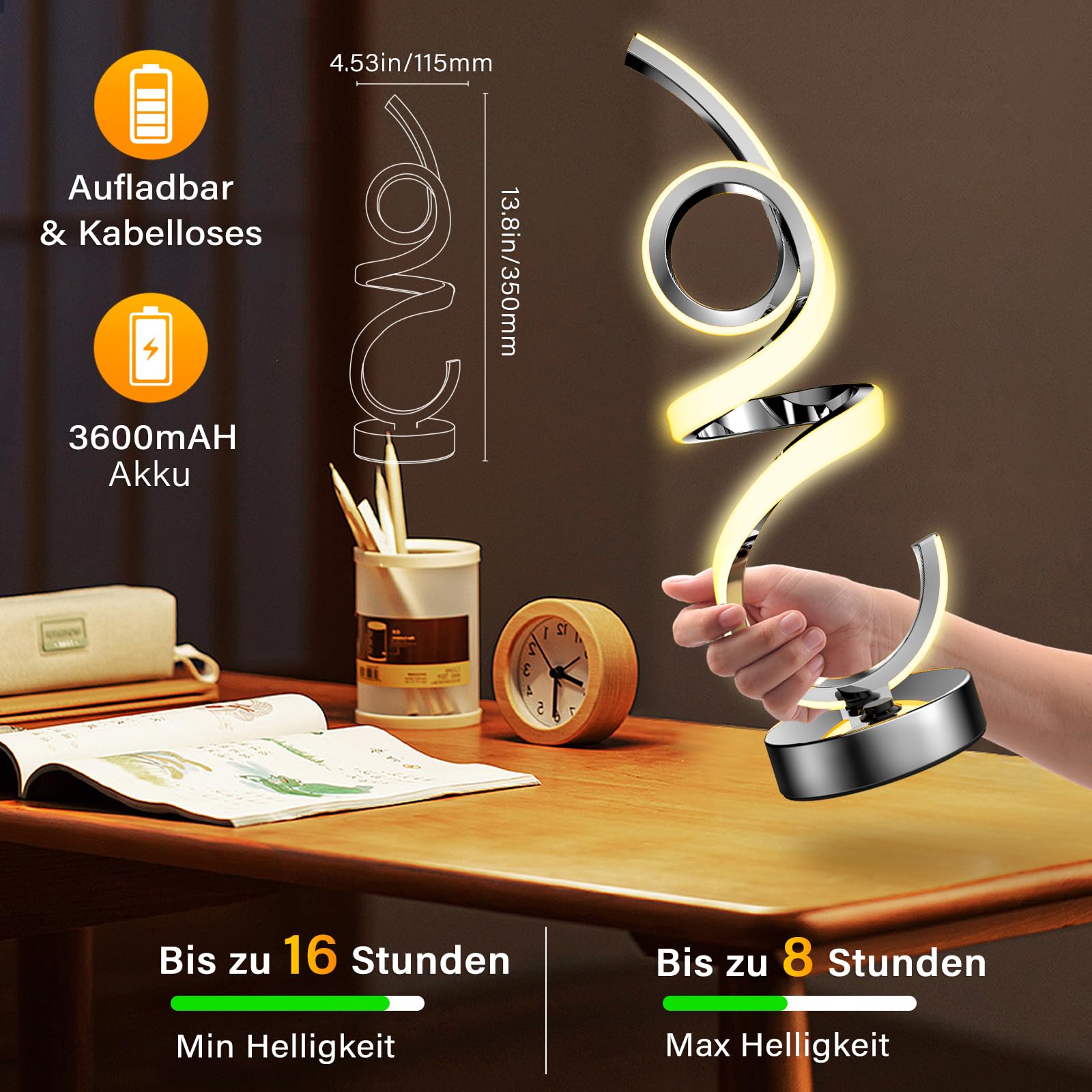 Lámpara LED de noche regulable, RGB blanco cálido, inalámbrico, espiral, moderna, lámpara de mesa con batería, recargable por USB, 10 modos dinámicos con mando a distancia y temporizador, luz nocturna