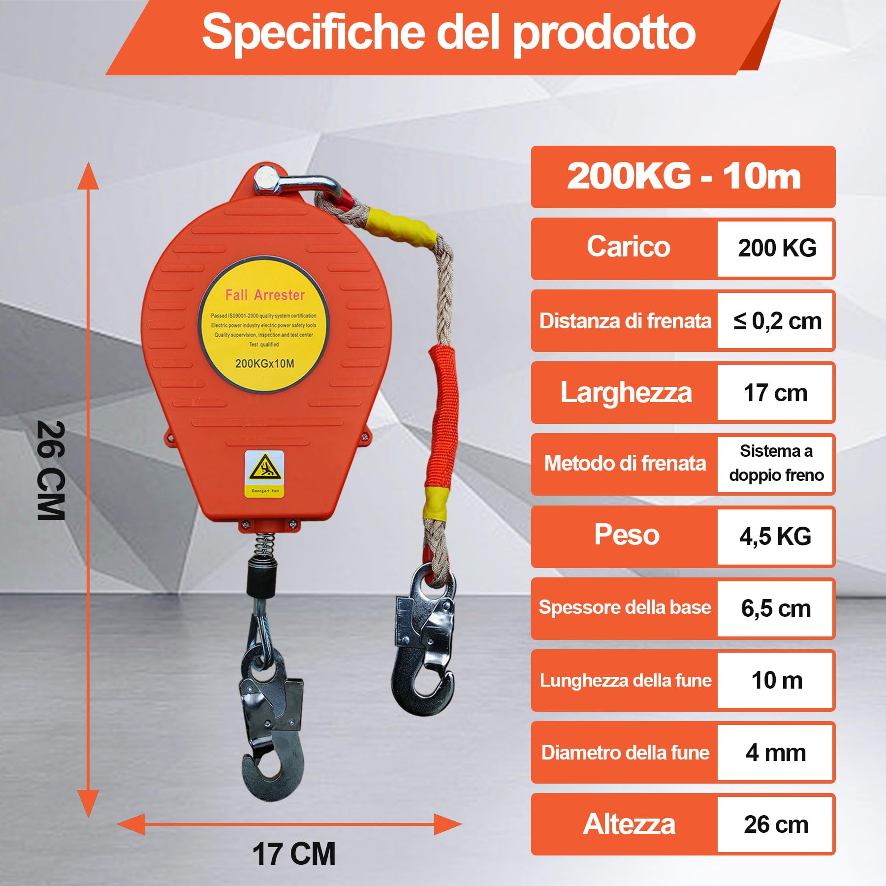 Dispositivo Anticaduta Retrattile Certificato 10m | Imbracatura di Sicurezza Anticaduta Tetto 200KG con Gancio Autobloccante, Dispositivo Sicurezza Anticaduta per Lavoro Aereo