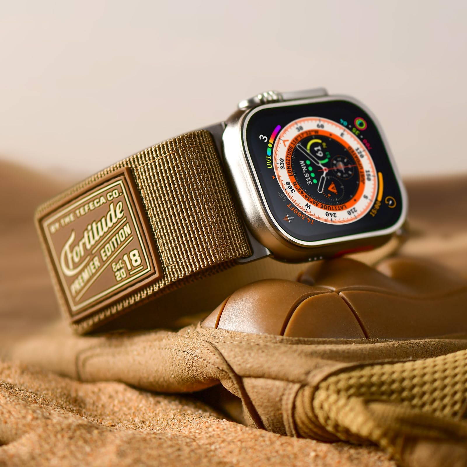 Tefeca Fortitude Series Ultrawide Band Compatible with Apple Watch Ultra/Ultra2 Series 9/8/SE2/7/6/SE/5/4/3/2/1(Coyote Tan with Silver Adapters - Image 3