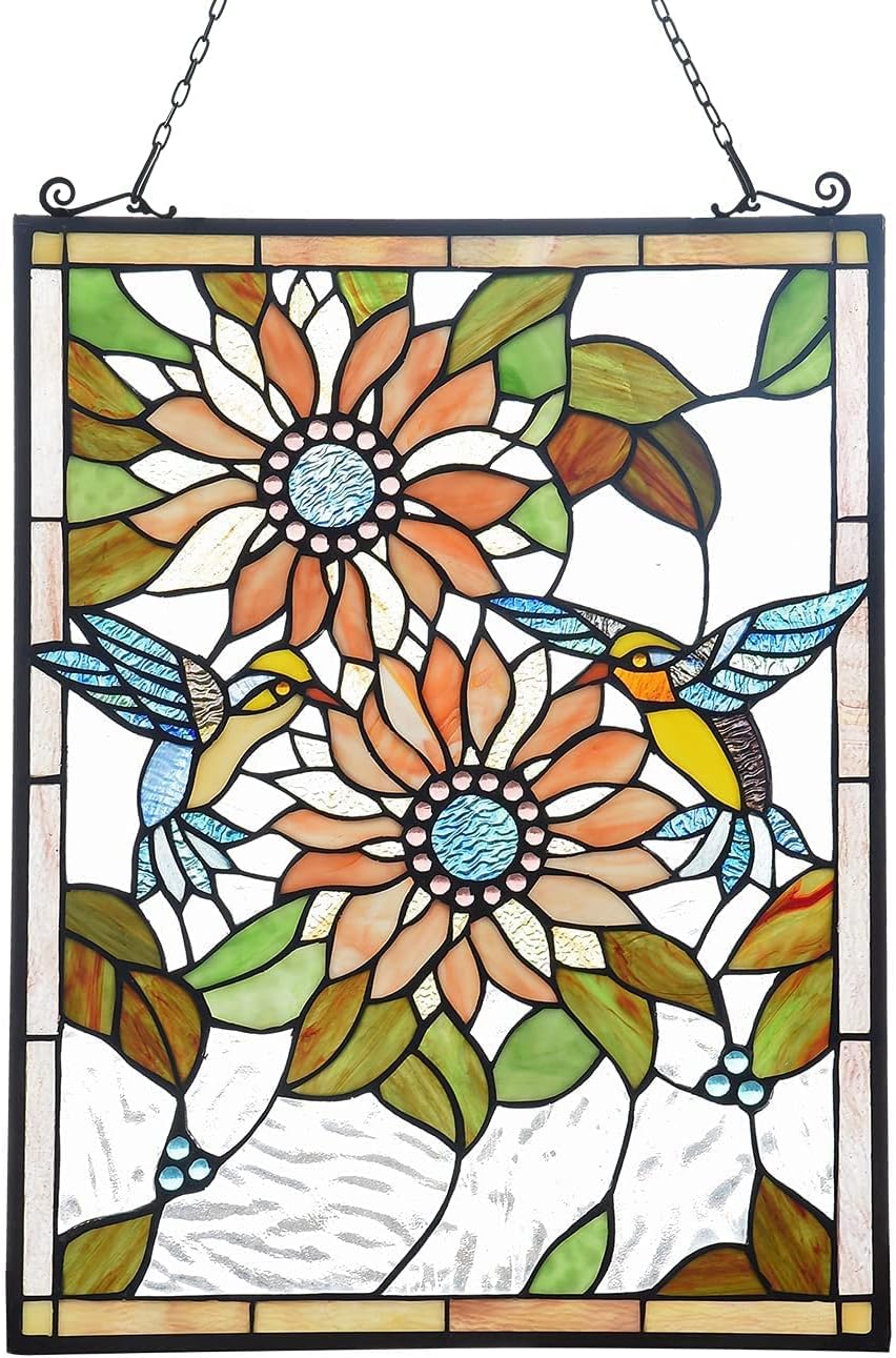 Capulina Sunflower Humming Bird Rectangle Stained Glass Window Hangings Panels Tiffany Style Stained Glass Handicrafts Gifts for Home Window Decor