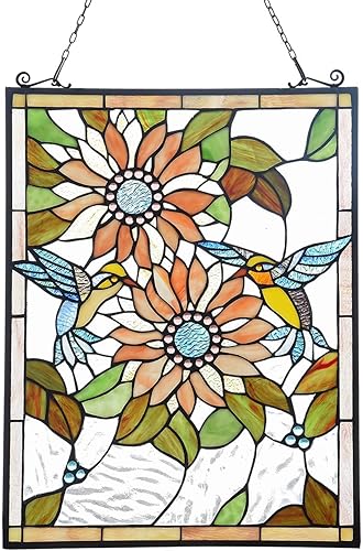 Capulina Paneles colgantes rectangulares de girasoles con colibríes para ventana, estilo Tiffany, vitrales, artesanías, regalos para decoración de