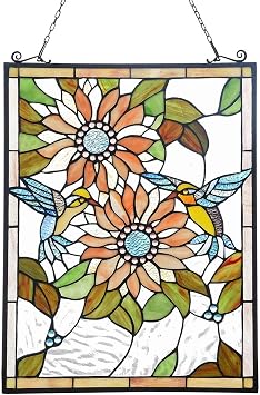 Capulina Stained Glass Window Hangings Panels Sunflower Humming Bird Rectangle Tiffany Style Stained Glass Handicrafts Gifts for Home Window Decor